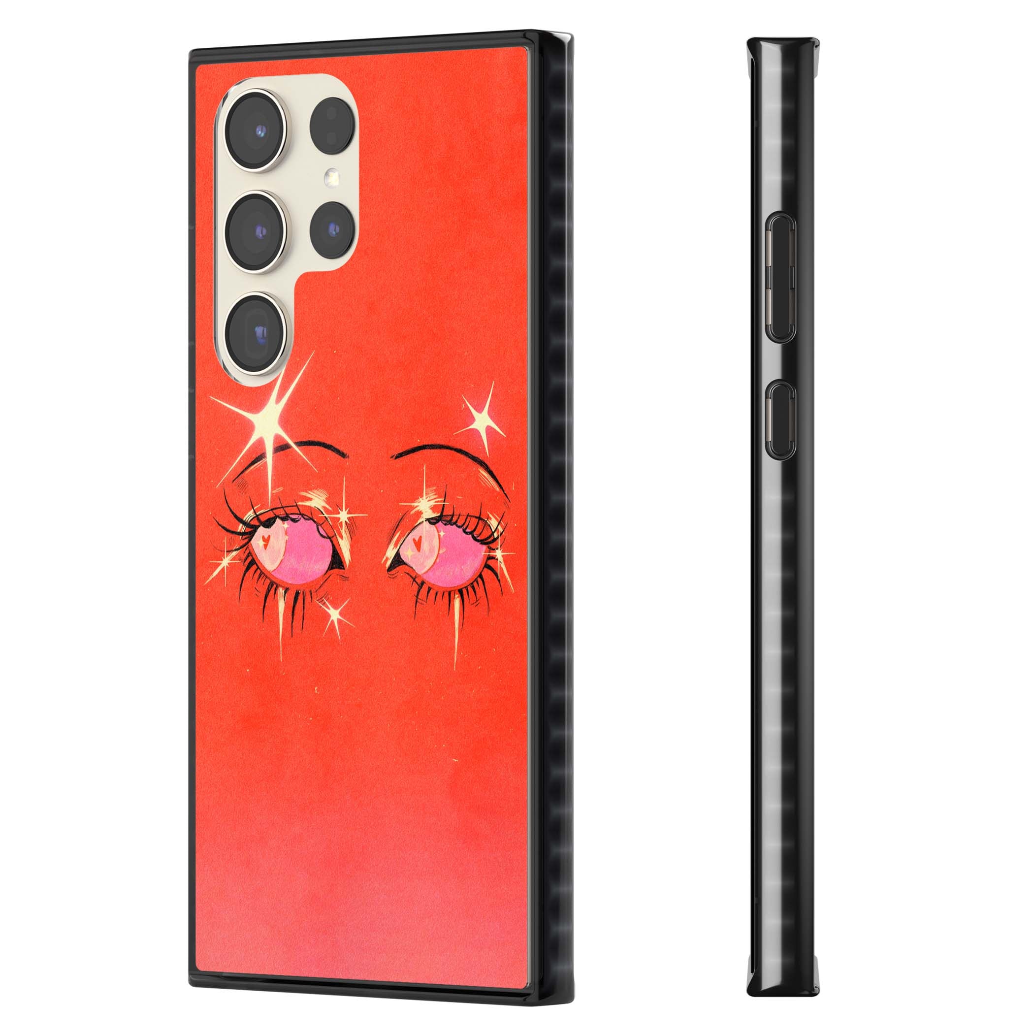 Pink Ethereal Eyes anime iPhone case featuring hand-drawn sparkly eyes with pink hearts and gold stars on red | Black Impact case for Samsung Galaxy S24 Ultra, Samsung Galaxy S23 Ultra, Samsung Galaxy S22 Ultra