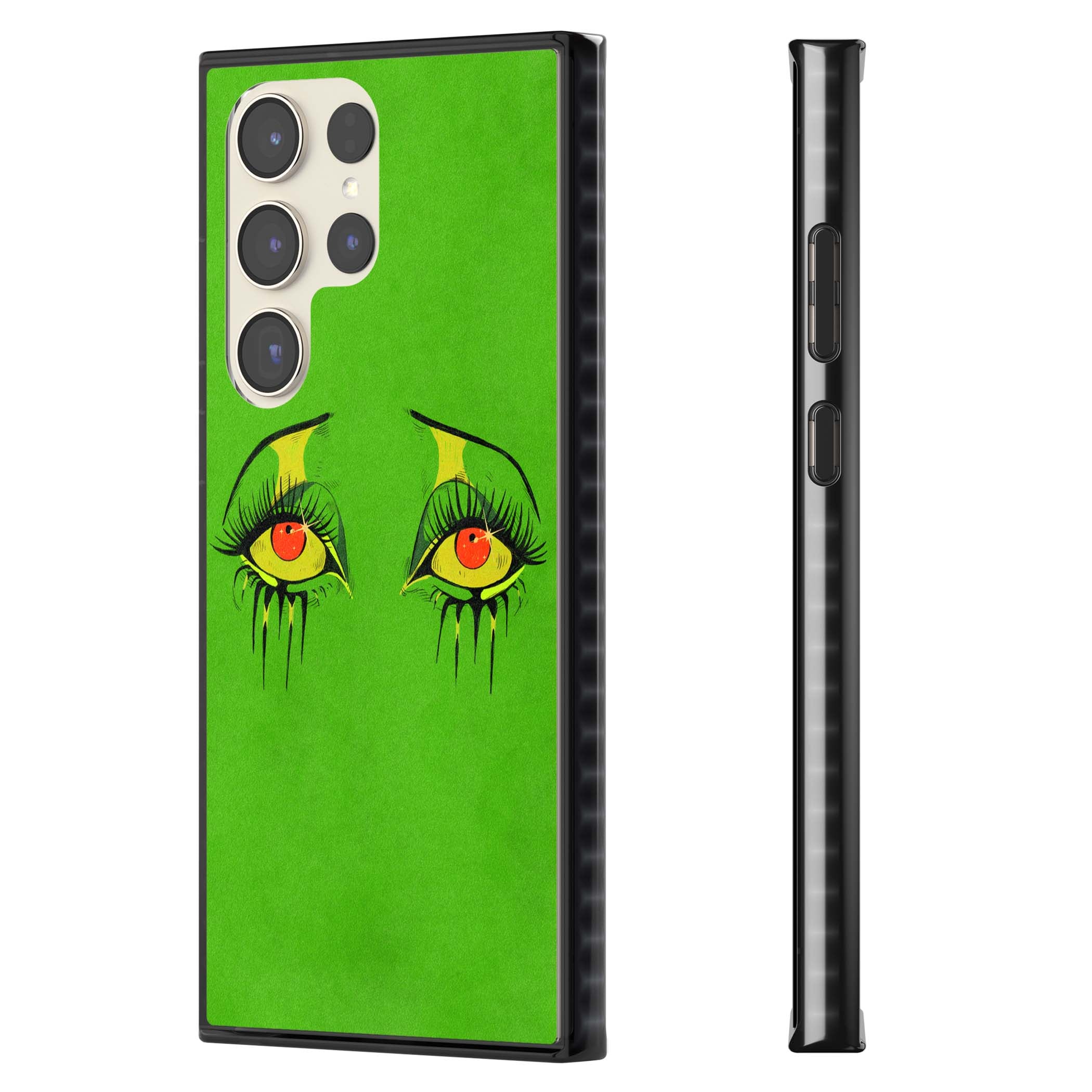 Green Enchanted Eyes psychedelic art iPhone case featuring hand-drawn dripping eyes on neon green background | Black Impact case for Samsung Galaxy S24 Ultra, Samsung Galaxy S23 Ultra, Samsung Galaxy S22 Ultra
