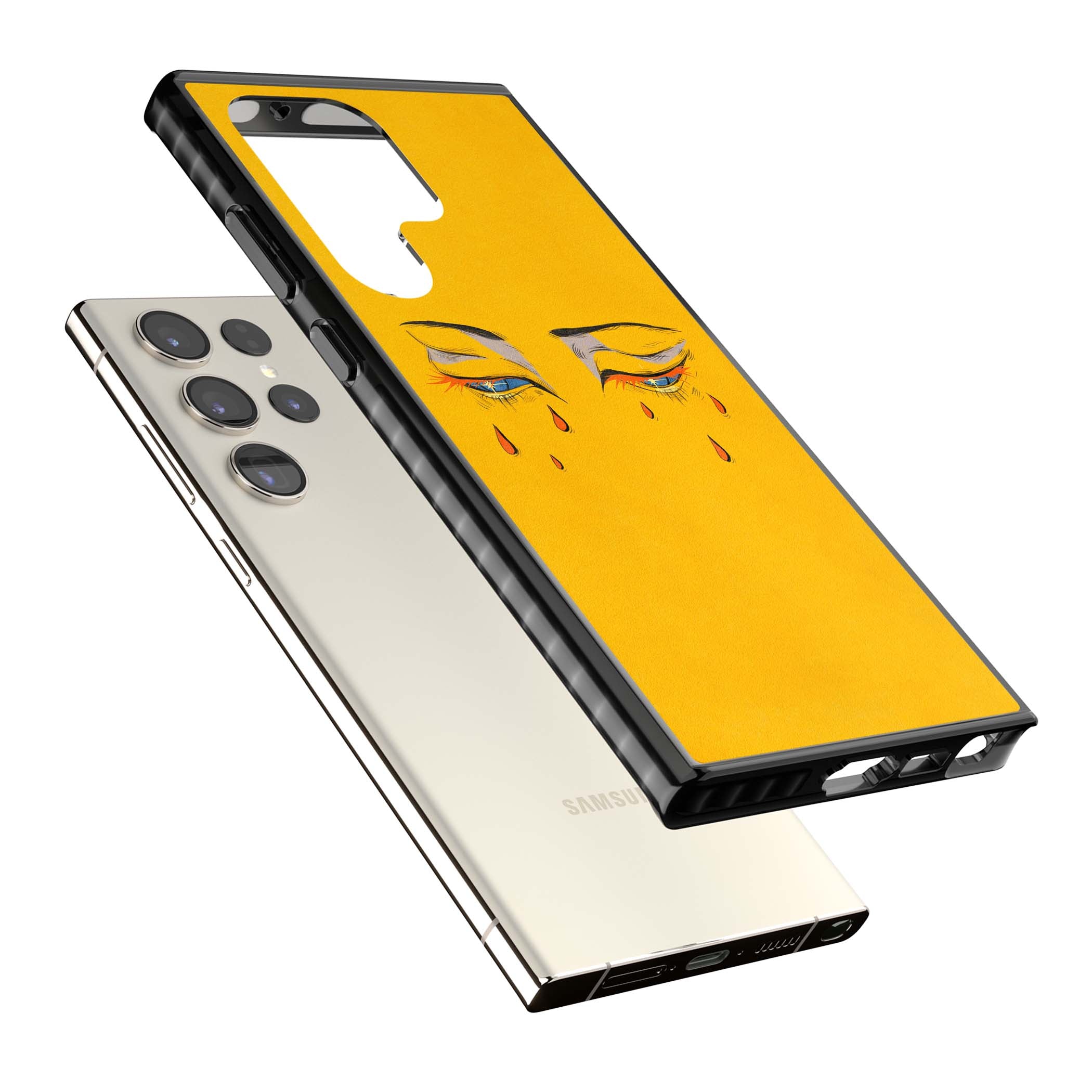 Yellow Tearful Eyes indie iPhone case featuring hand-drawn crying eyes with orange tears on a yellow background | Black Impact case for Samsung Galaxy S24 Ultra, Samsung Galaxy S23 Ultra, Samsung Galaxy S22 Ultra