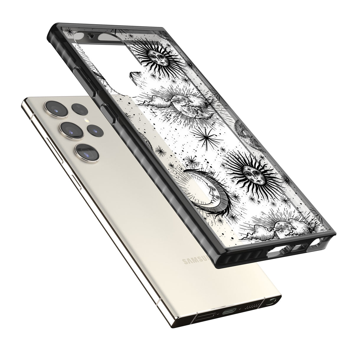 Suns, Moons & Clouds Samsung S22 Ultra / Samsung S23 Ultra / Samsung S24 Ultra Impact Black Phone Case angled