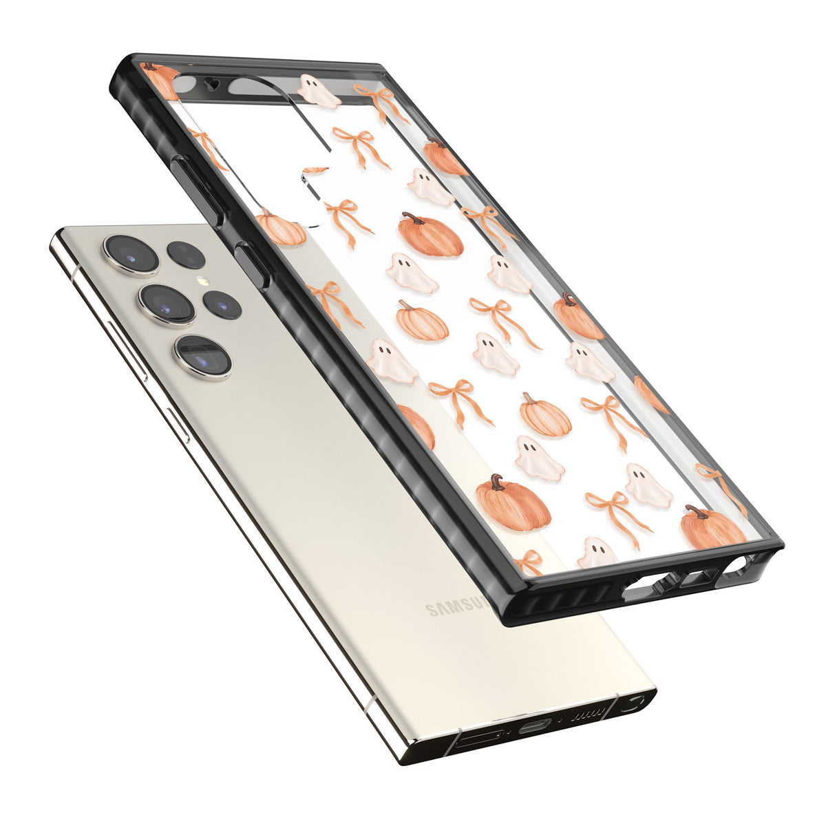 Bows, Ghosts & Pumpkins Samsung S22 Ultra / Samsung S23 Ultra / Samsung S24 Ultra Impact Black Phone Case angled