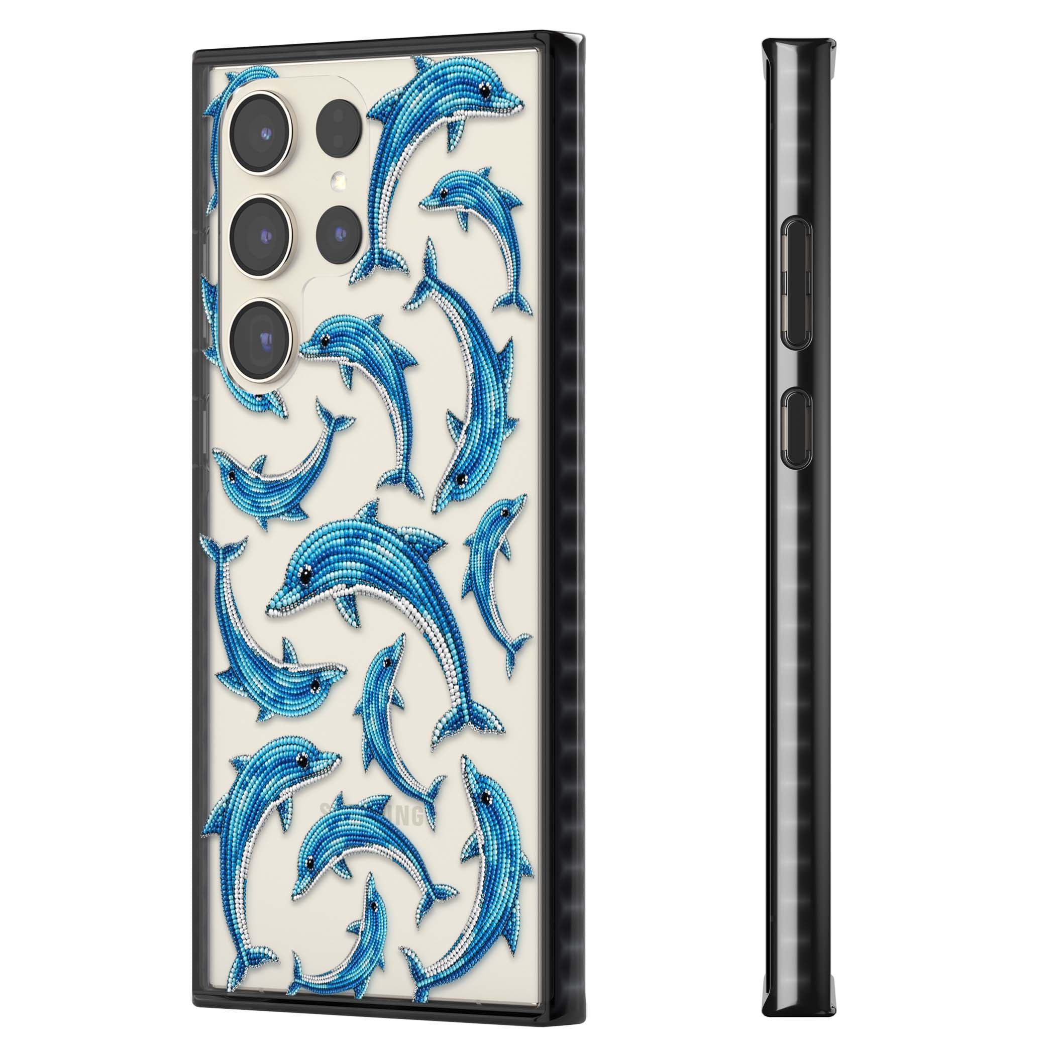 Beaded Dolphins coastal iPhone case featuring beaded dolphins in blue and white swimming across a clear background | Black Impact case for Samsung Galaxy S24 Ultra, Samsung Galaxy S23 Ultra, Samsung Galaxy S22 Ultra