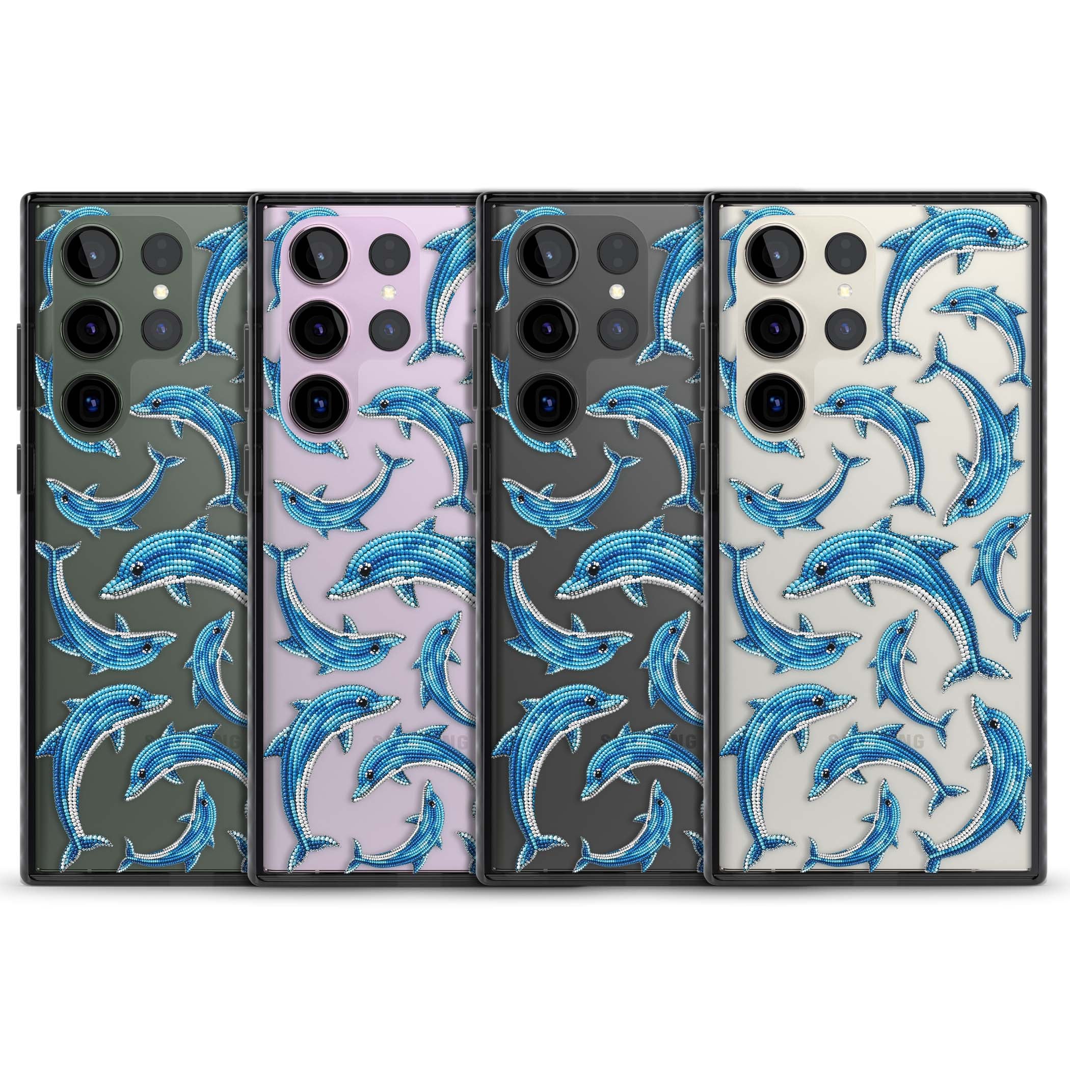 Beaded Dolphins coastal iPhone case featuring beaded dolphins in blue and white swimming across a clear background | Black Impact case for Samsung Galaxy S24 Ultra, Samsung Galaxy S23 Ultra, Samsung Galaxy S22 Ultra