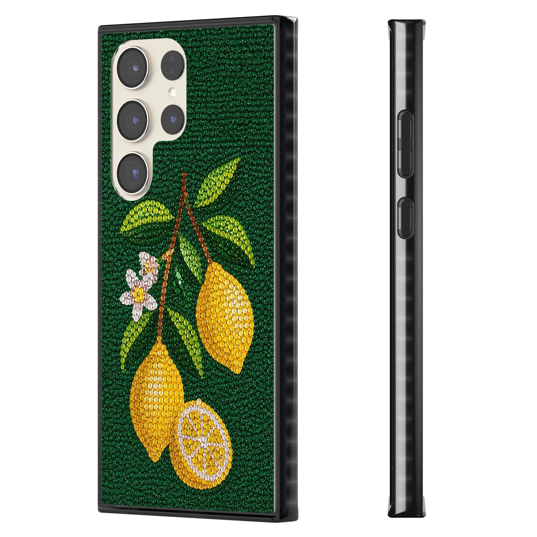 Beaded Lemons coastal iPhone case featuring crystal-beaded lemons, citrus blossom and green leaves on emerald ground | Black Impact case for Samsung Galaxy S24 Ultra, Samsung Galaxy S23 Ultra, Samsung Galaxy S22 Ultra