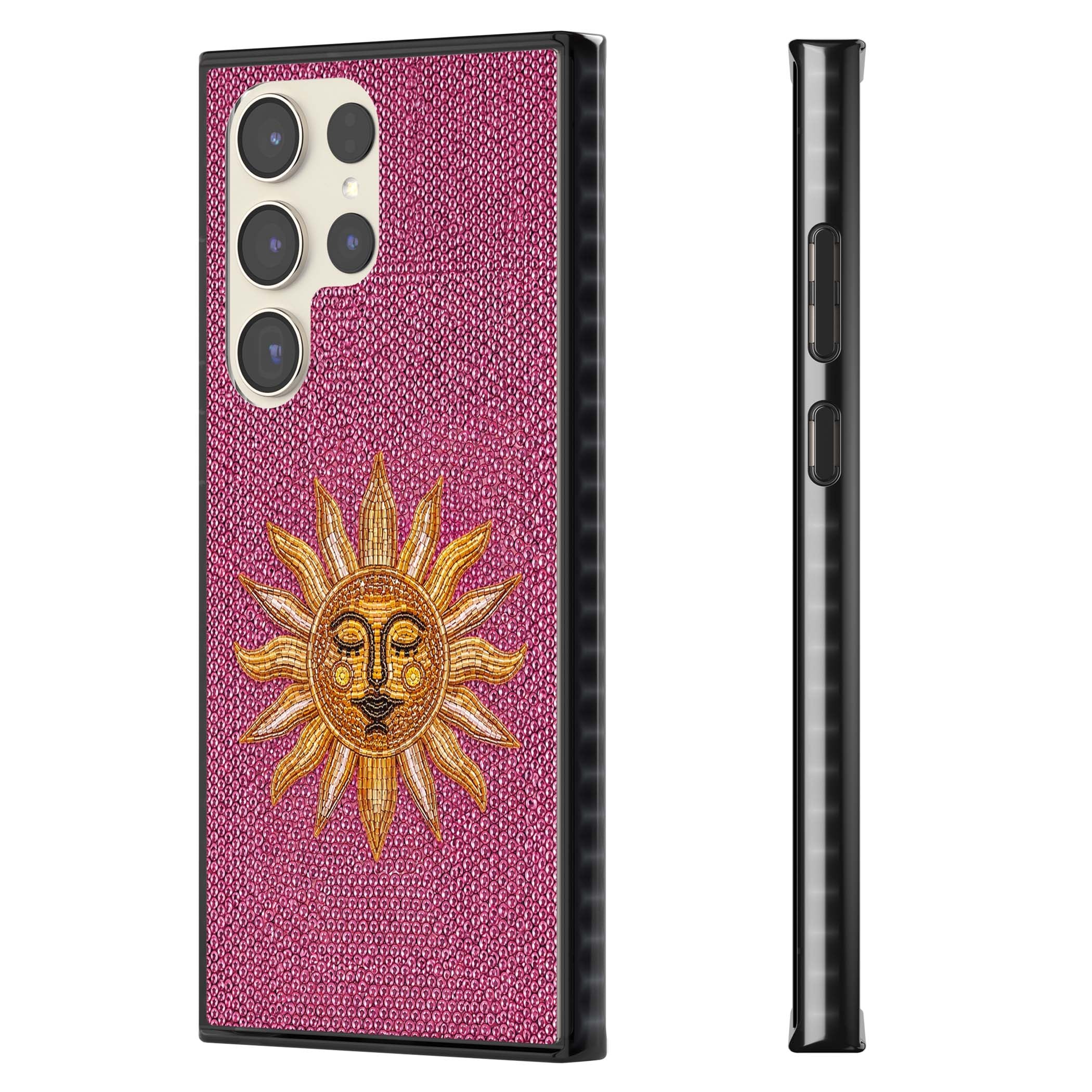 Beaded Sun celestial iPhone case featuring a golden beaded sun face with radiant rays on hot pink beaded background | Black Impact case for Samsung Galaxy S24 Ultra, Samsung Galaxy S23 Ultra, Samsung Galaxy S22 Ultra
