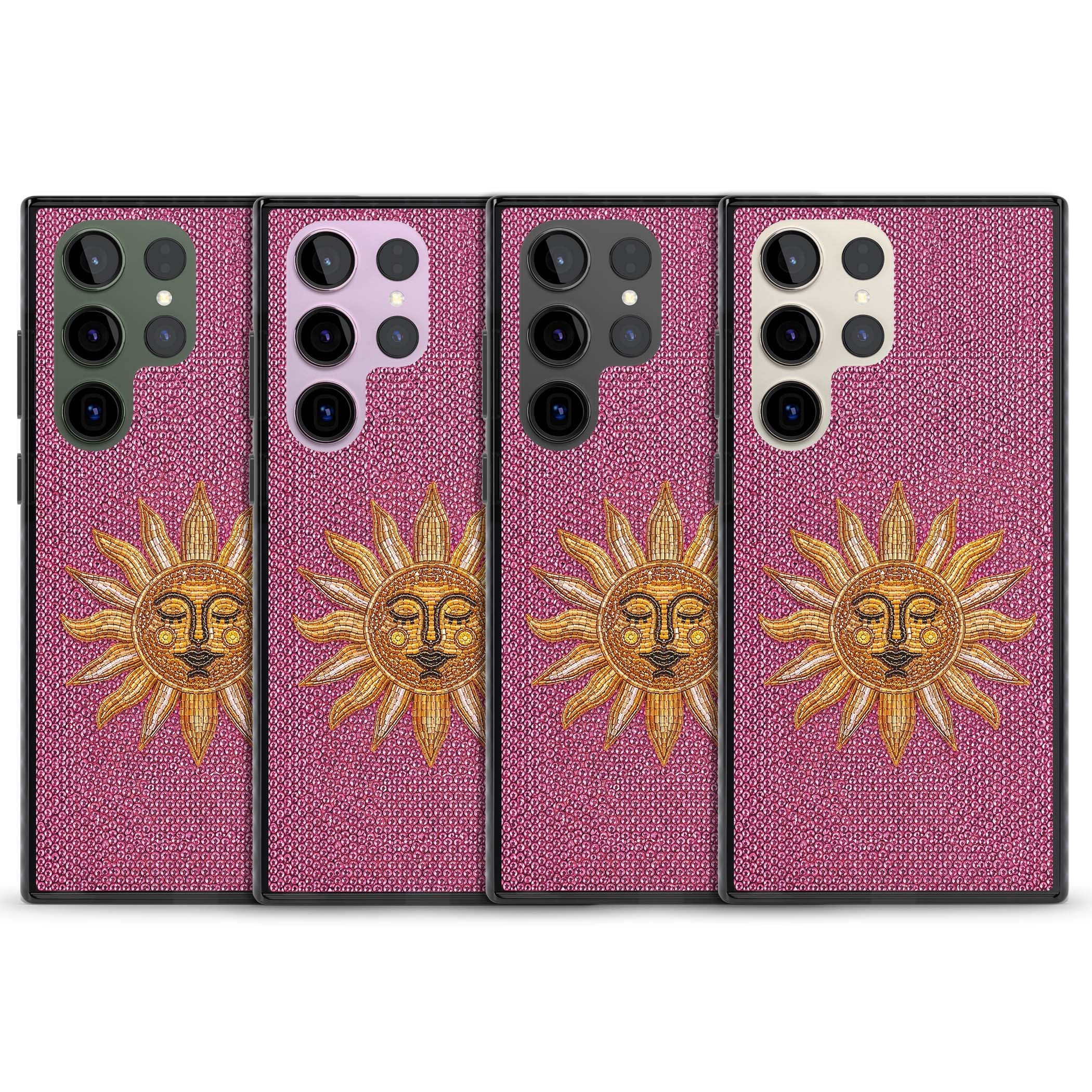 Beaded Sun celestial iPhone case featuring a golden beaded sun face with radiant rays on hot pink beaded background | Black Impact case for Samsung Galaxy S24 Ultra, Samsung Galaxy S23 Ultra, Samsung Galaxy S22 Ultra