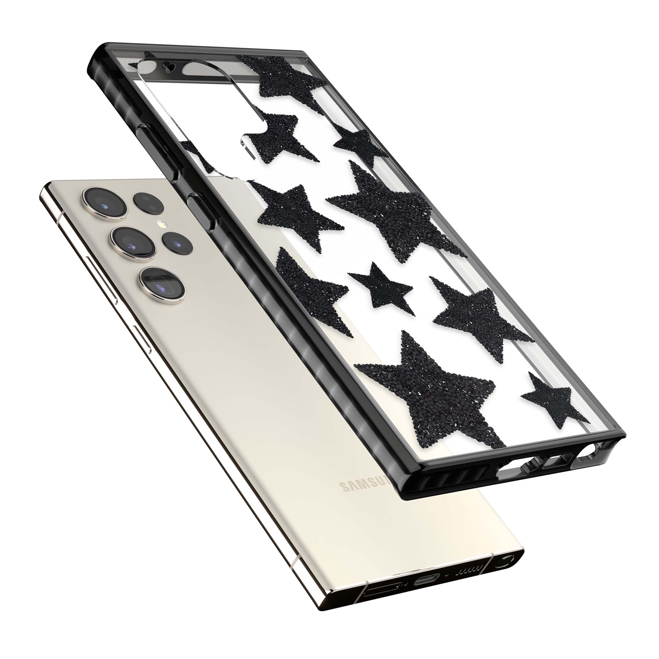 Beaded Black Stars celestial iPhone case featuring black glitter beaded stars scattered on a clear background | Black Impact case for Samsung Galaxy S24 Ultra, Samsung Galaxy S23 Ultra, Samsung Galaxy S22 Ultra