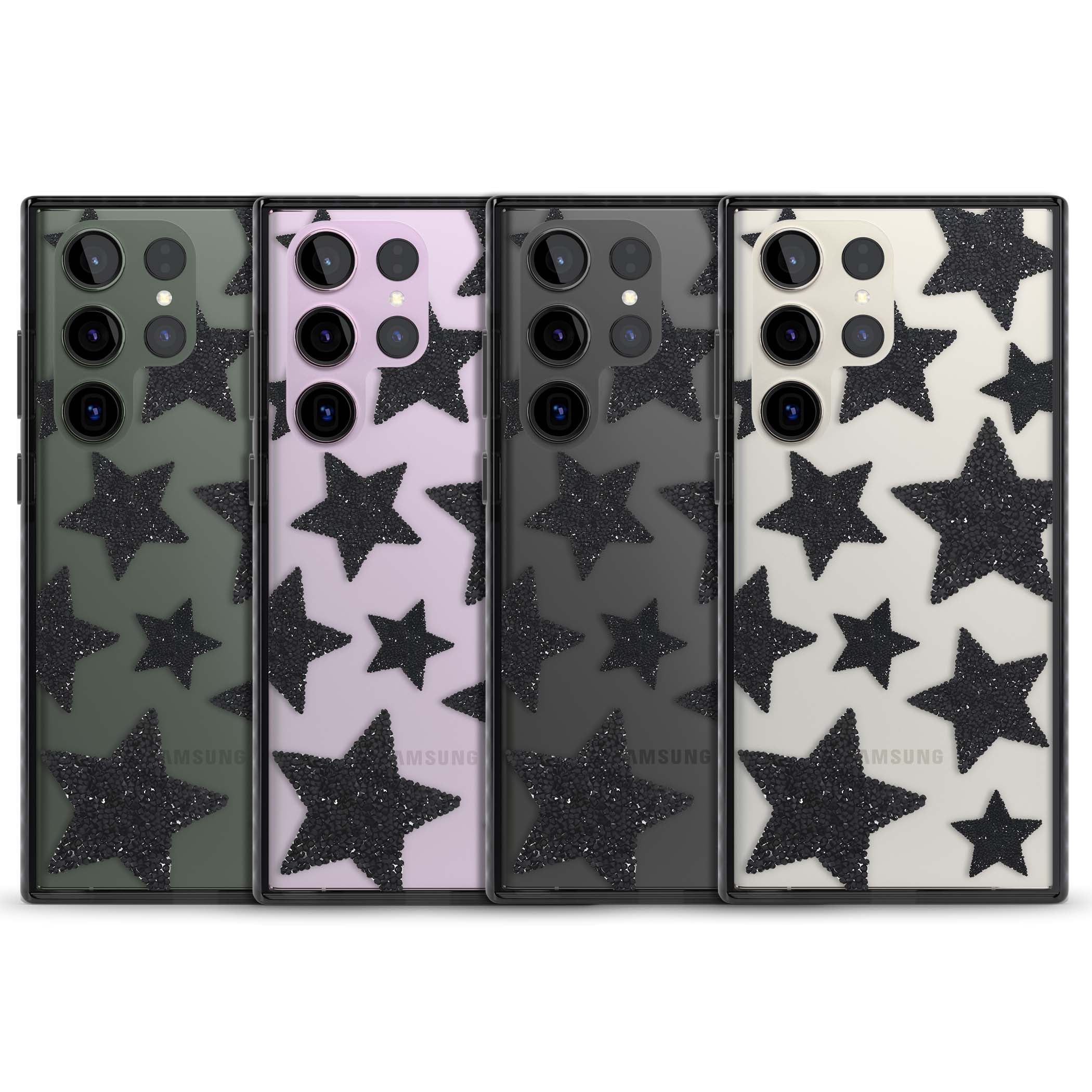 Beaded Black Stars celestial iPhone case featuring black glitter beaded stars scattered on a clear background | Black Impact case for Samsung Galaxy S24 Ultra, Samsung Galaxy S23 Ultra, Samsung Galaxy S22 Ultra