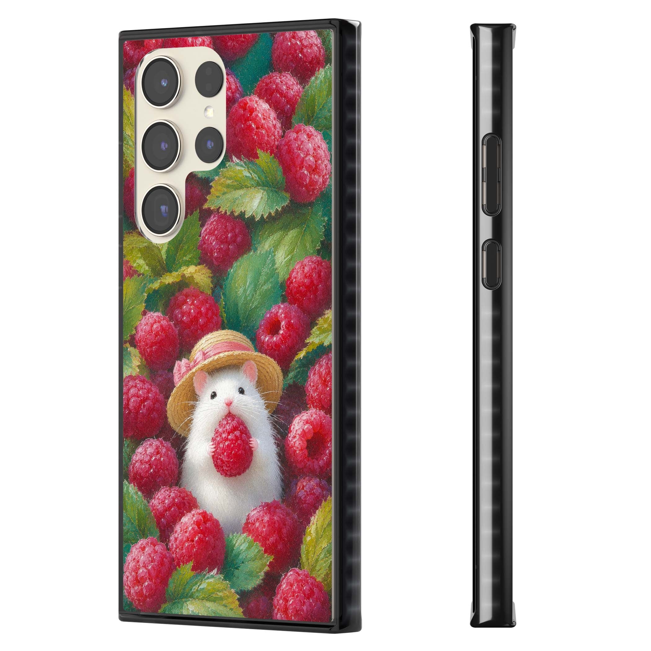 Berry Forager cottagecore iPhone case featuring a white hamster in a straw hat holding a raspberry surrounded by ripe ber | Black Impact case for Samsung Galaxy S24 Ultra, Samsung Galaxy S23 Ultra, Samsung Galaxy S22 Ultra