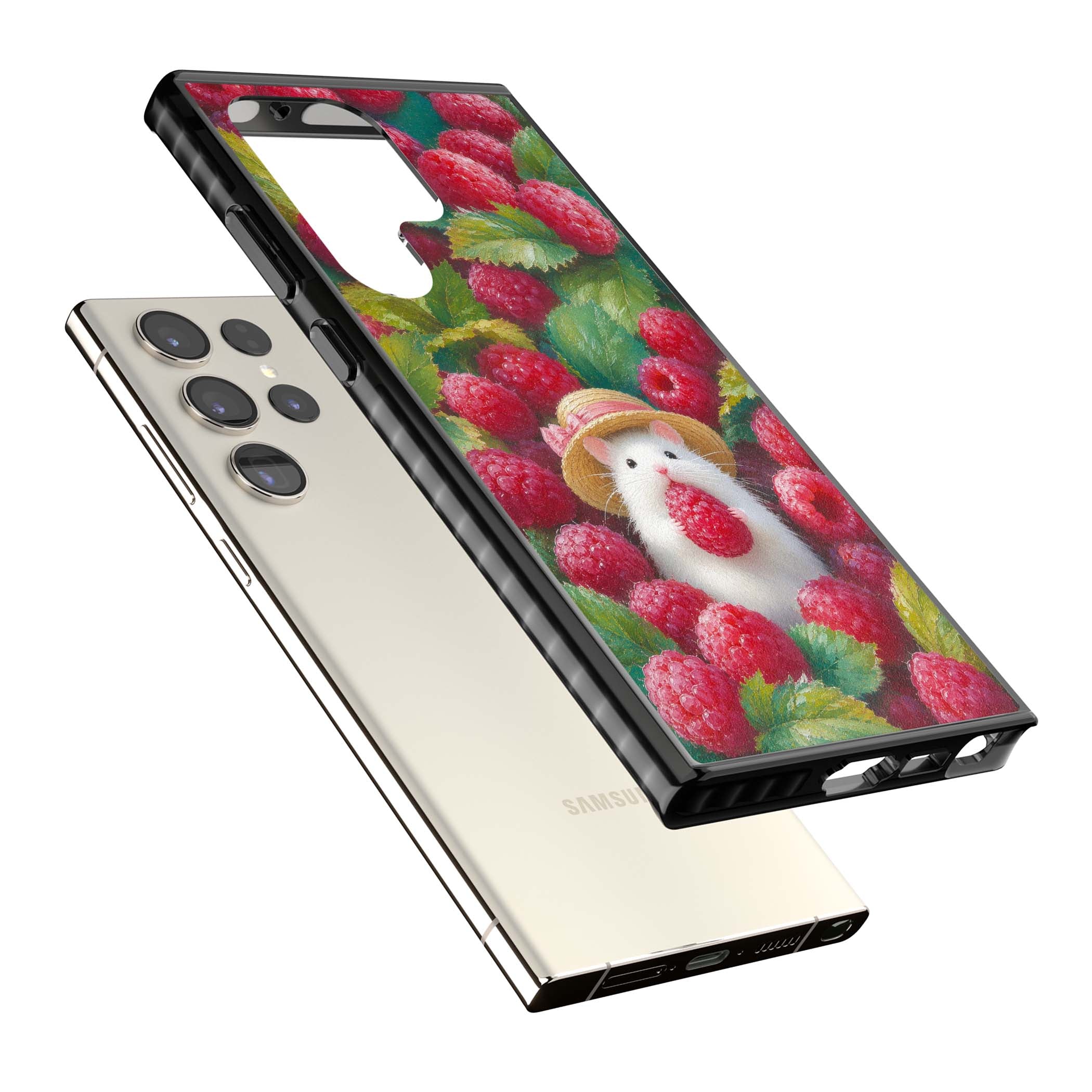 Berry Forager cottagecore iPhone case featuring a white hamster in a straw hat holding a raspberry surrounded by ripe ber | Black Impact case for Samsung Galaxy S24 Ultra, Samsung Galaxy S23 Ultra, Samsung Galaxy S22 Ultra