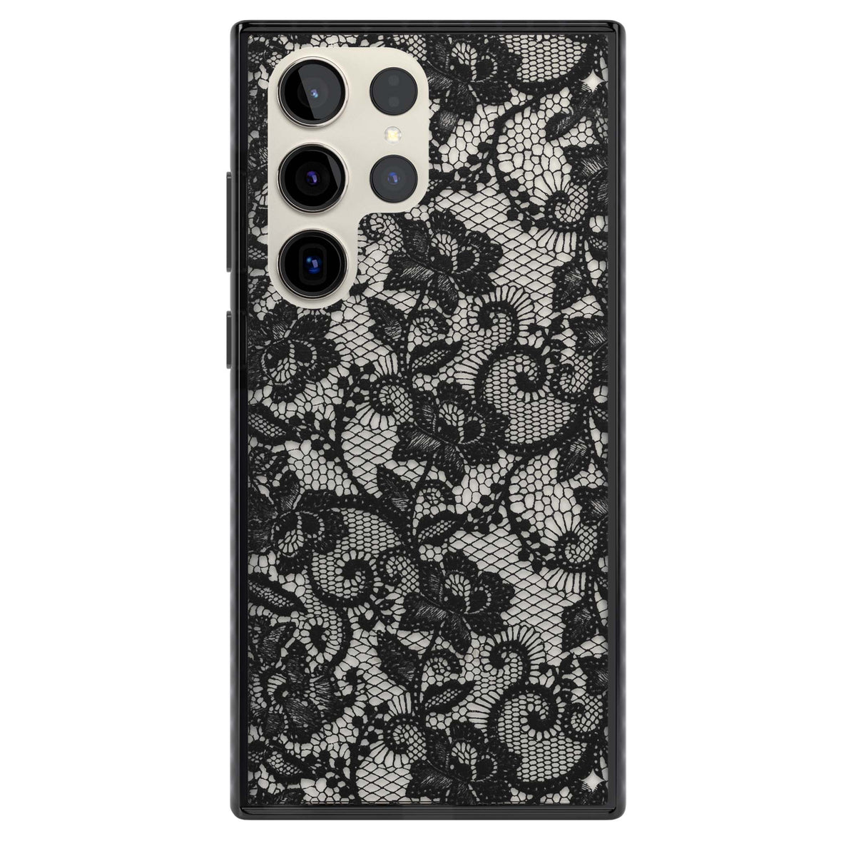 Black Lace gothic iPhone case featuring intricate black floral lace pattern with vintage whimsigoth detail | Black Impact case for Samsung Galaxy S24 Ultra, Samsung Galaxy S23 Ultra, Samsung Galaxy S22 Ultra