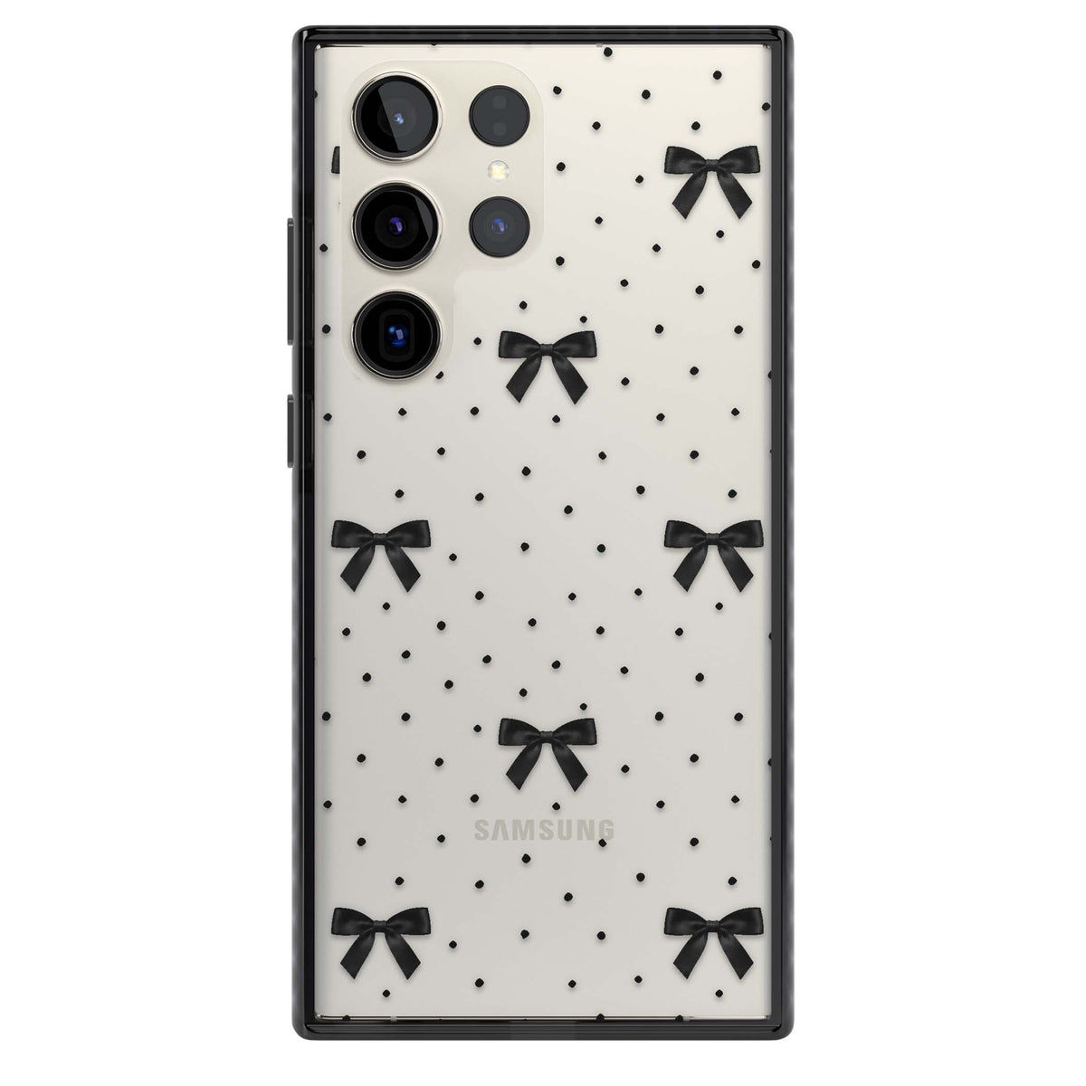 Black Polka Bows coquette iPhone case featuring scattered black satin bows and tiny polka dots on a clear base | Black Impact case for Samsung Galaxy S24 Ultra, Samsung Galaxy S23 Ultra, Samsung Galaxy S22 Ultra