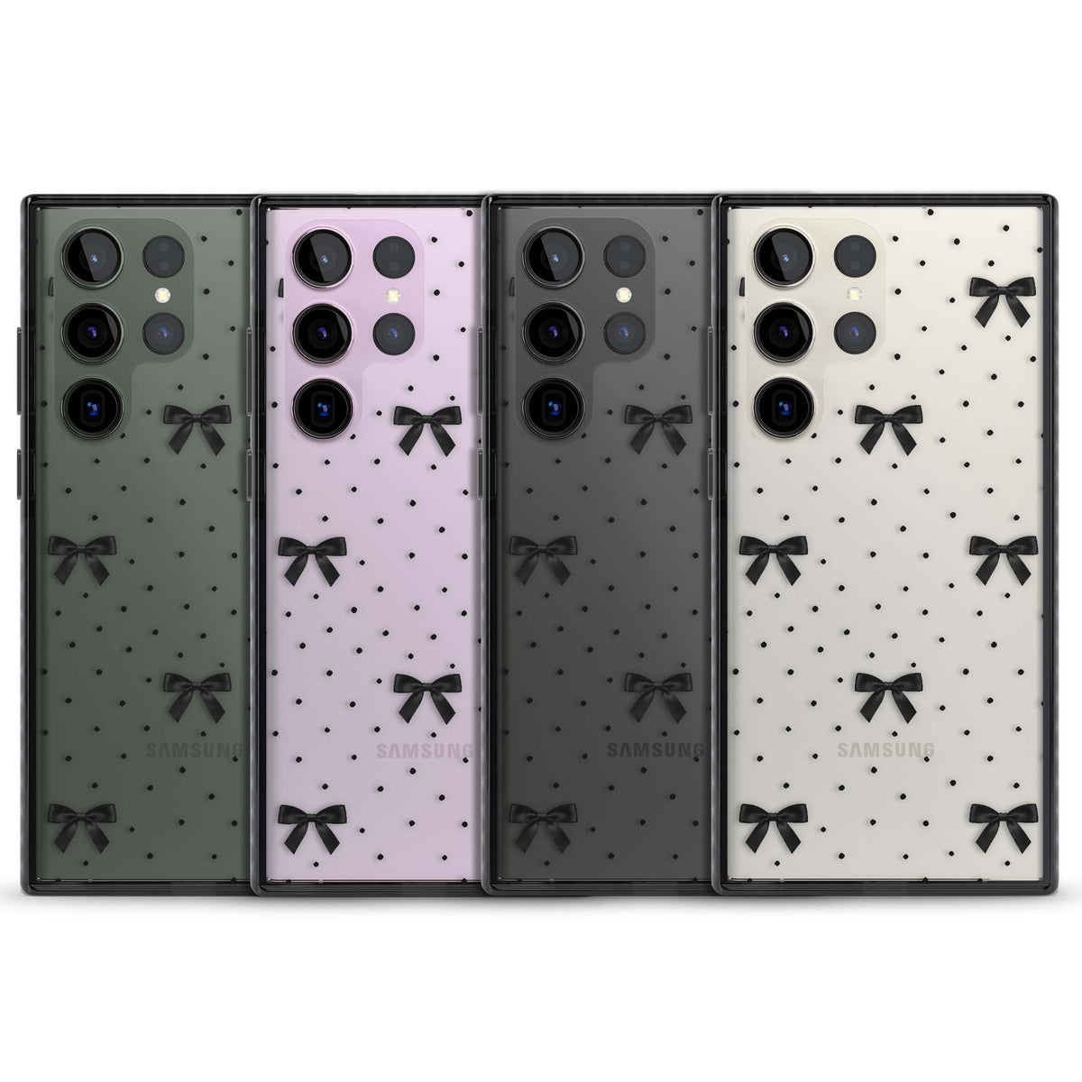 Black Polka Bows coquette iPhone case featuring scattered black satin bows and tiny polka dots on a clear base | Black Impact case for Samsung Galaxy S24 Ultra, Samsung Galaxy S23 Ultra, Samsung Galaxy S22 Ultra