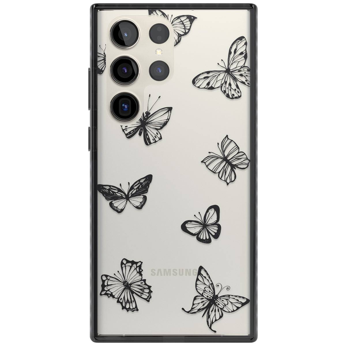 Grey Butterfly Line Pattern Samsung S22 Ultra / Samsung S23 Ultra / Samsung S24 Ultra Impact Black Phone Case front
