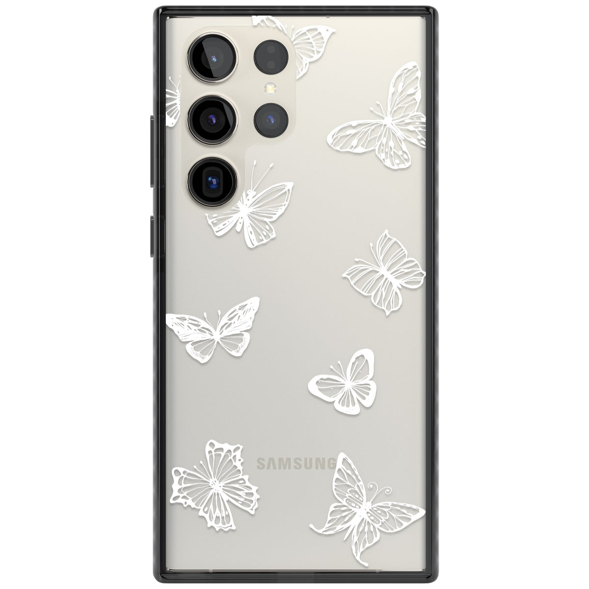 White Butterfly Line Pattern Samsung S22 Ultra / Samsung S23 Ultra / Samsung S24 Ultra Impact Black Phone Case front
