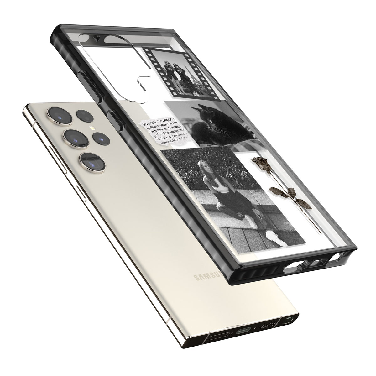 Personalised Black & White Scrapbook Photos Samsung S22 Ultra / Samsung S23 Ultra / Samsung S24 Ultra Impact Black Phone Case angled