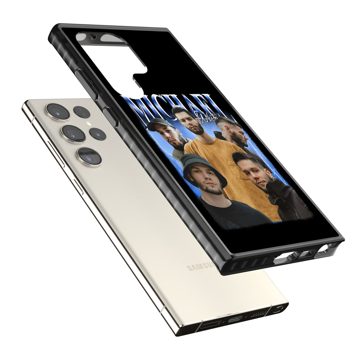 Personalised Airbrush Name & Photo Collage (Blue) Samsung S22 Ultra / Samsung S23 Ultra / Samsung S24 Ultra Impact Black Phone Case angled
