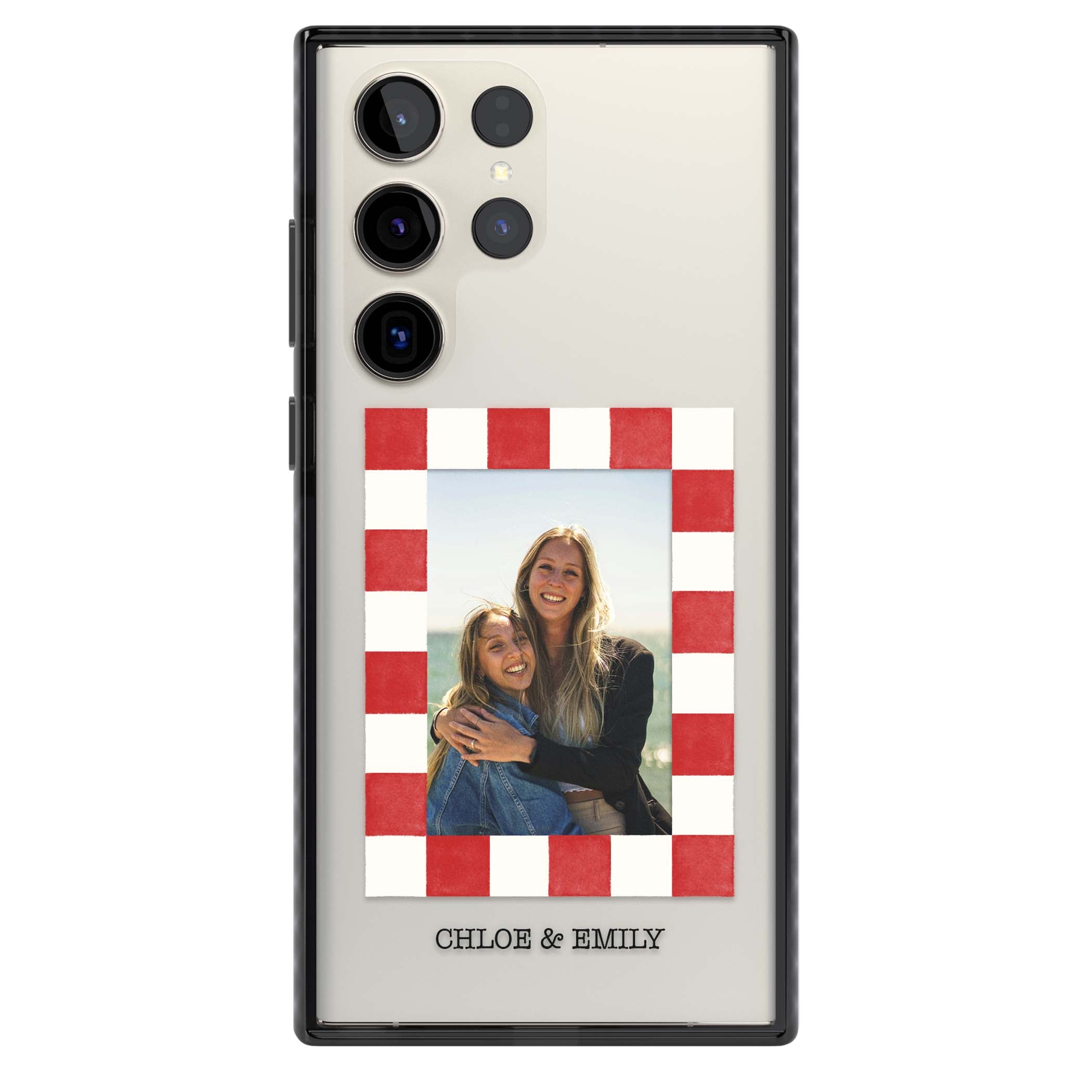 Red Check Photo personalised photo iPhone case with red and white checkered polaroid frame and custom couple name | Black Impact case for Samsung Galaxy S24 Ultra, Samsung Galaxy S23 Ultra, Samsung Galaxy S22 Ultra
