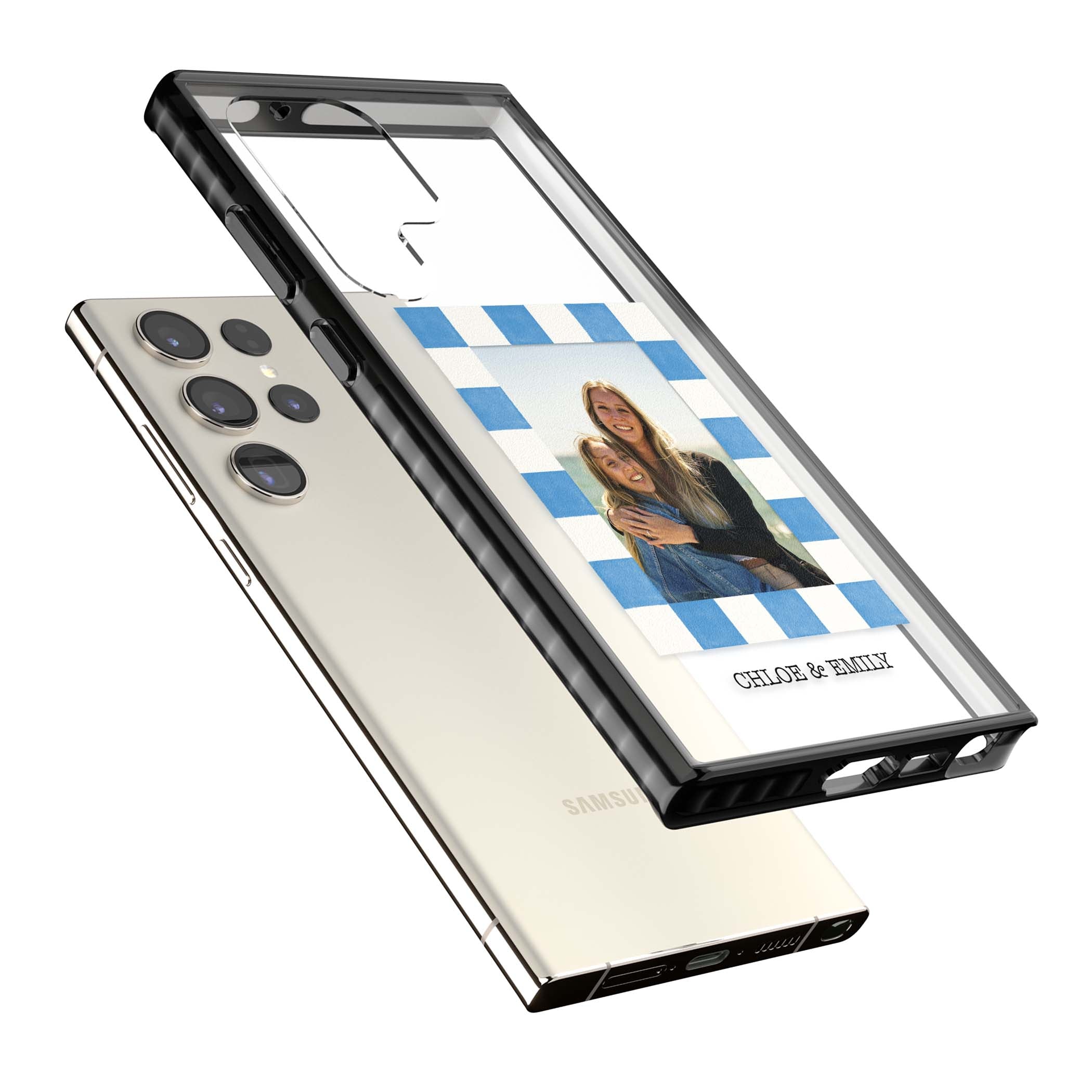 Blue Check Photo personalised photo iPhone case with blue checkered frame and custom couple names | Black Impact case for Samsung Galaxy S24 Ultra, Samsung Galaxy S23 Ultra, Samsung Galaxy S22 Ultra