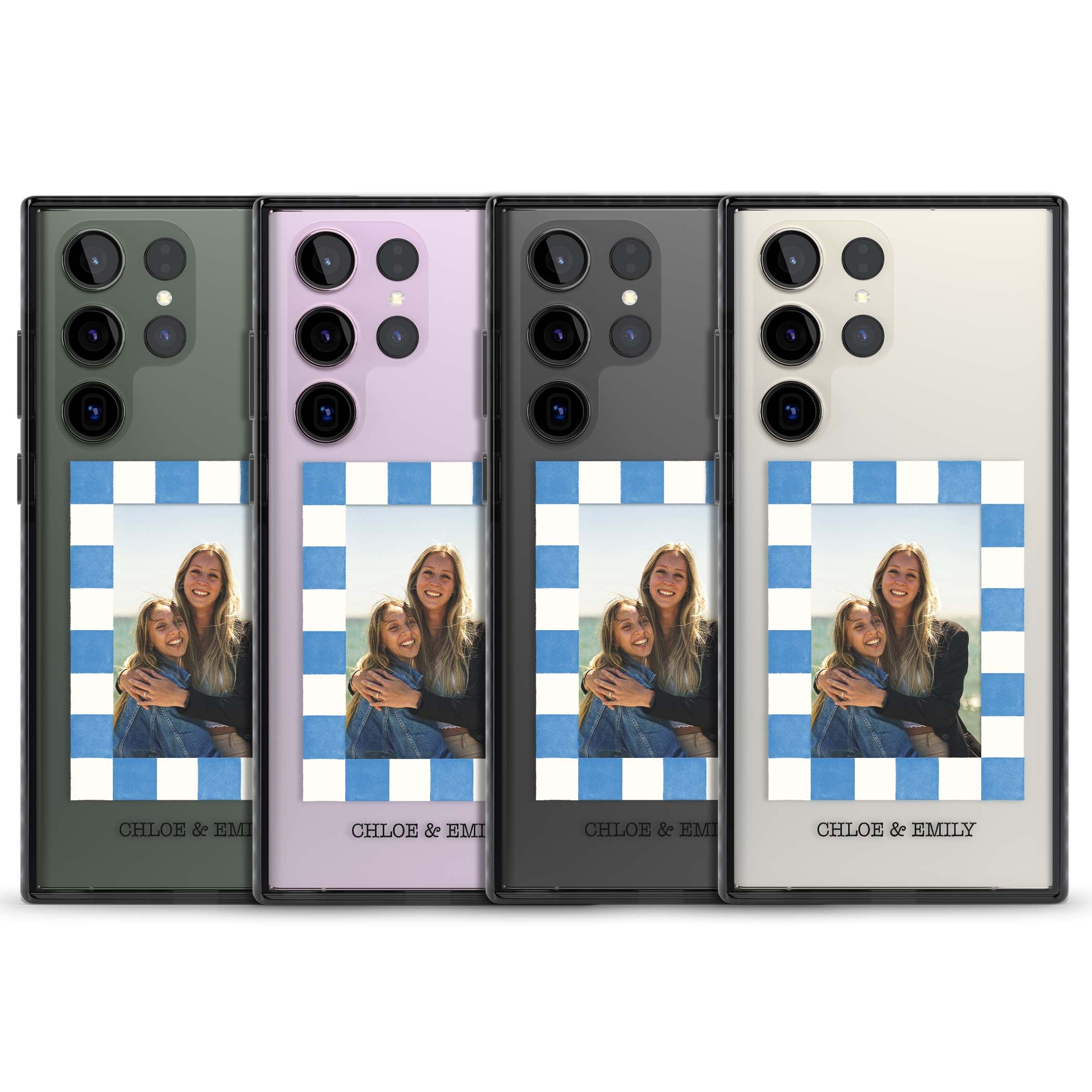Blue Check Photo personalised photo iPhone case with blue checkered frame and custom couple names | Black Impact case for Samsung Galaxy S24 Ultra, Samsung Galaxy S23 Ultra, Samsung Galaxy S22 Ultra