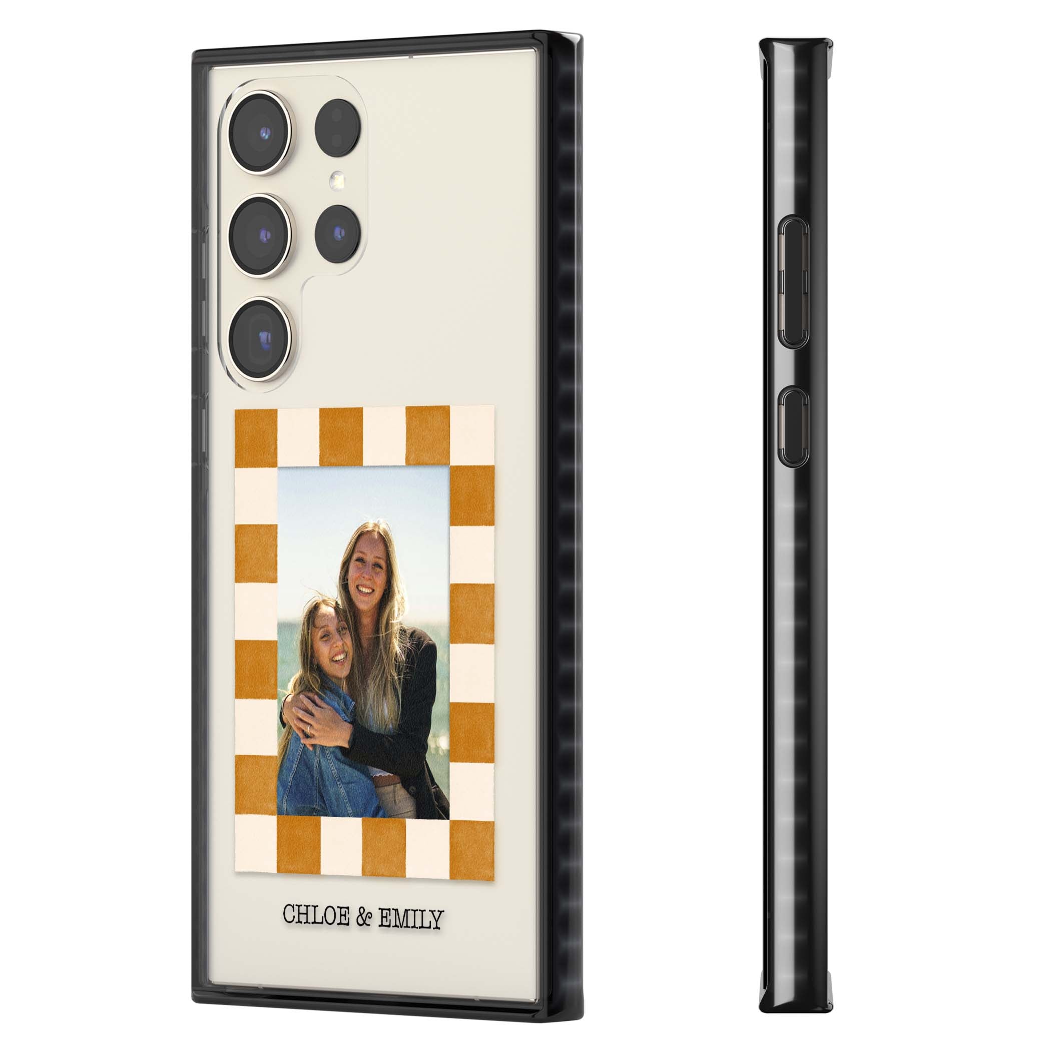 Citrus Check Photo personalised iPhone case with custom photo, orange checkered frame and names underneath | Black Impact case for Samsung Galaxy S24 Ultra, Samsung Galaxy S23 Ultra, Samsung Galaxy S22 Ultra