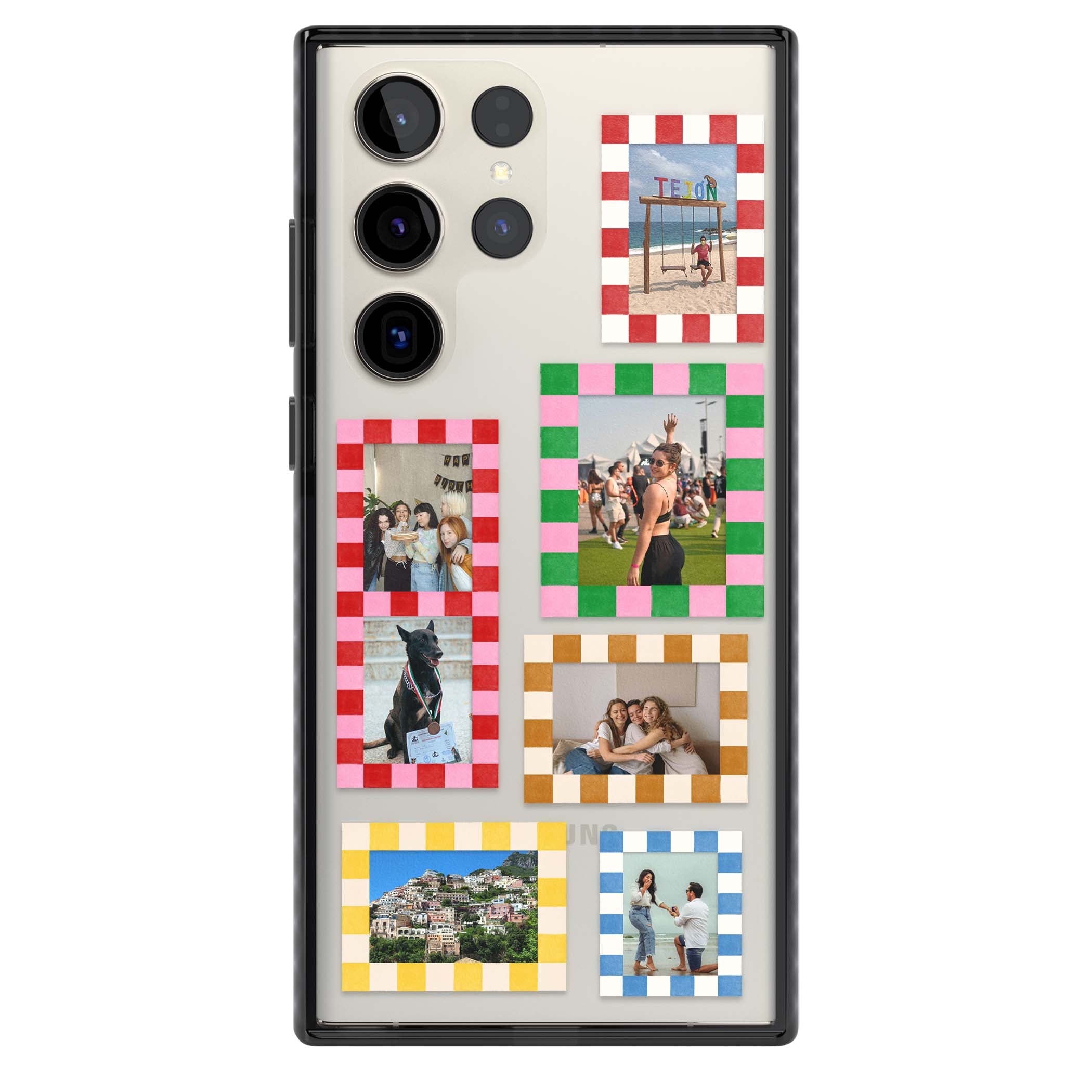 Italian Check Frames custom photo collage iPhone case featuring six checkered photo frames in red, green, pink and | Black Impact case for Samsung Galaxy S24 Ultra, Samsung Galaxy S23 Ultra, Samsung Galaxy S22 Ultra