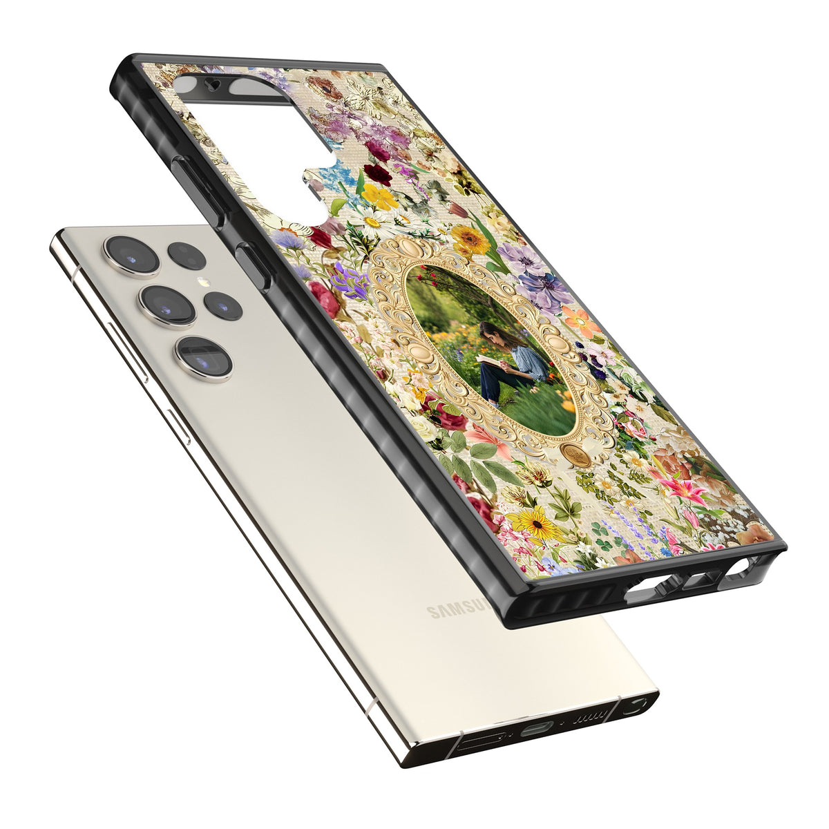 Personalised Vintage Wildflower Frame Samsung S22 Ultra / Samsung S23 Ultra / Samsung S24 Ultra Impact Black Phone Case angled