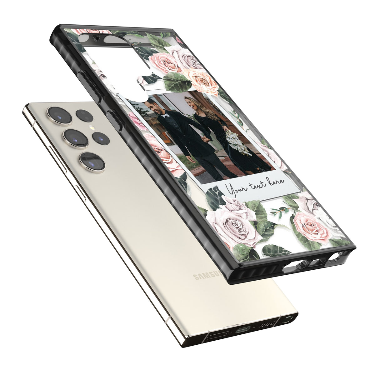 Personalised Floral Polaroid Samsung S22 Ultra / Samsung S23 Ultra / Samsung S24 Ultra Impact Black Phone Case angled