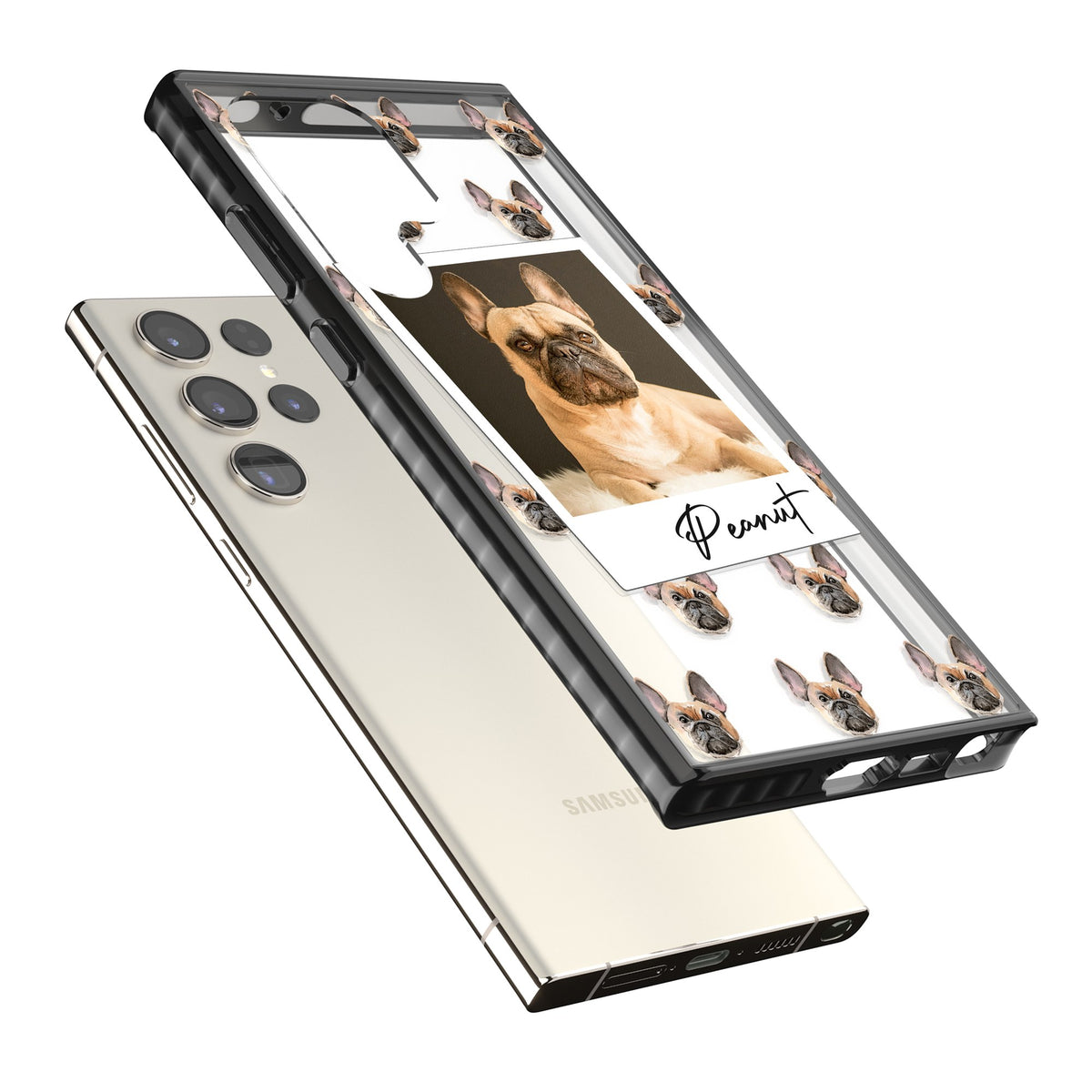 Personalised Tan French Bulldog Instant Camera Photo Samsung S22 Ultra / Samsung S23 Ultra / Samsung S24 Ultra Impact Black Phone Case angled