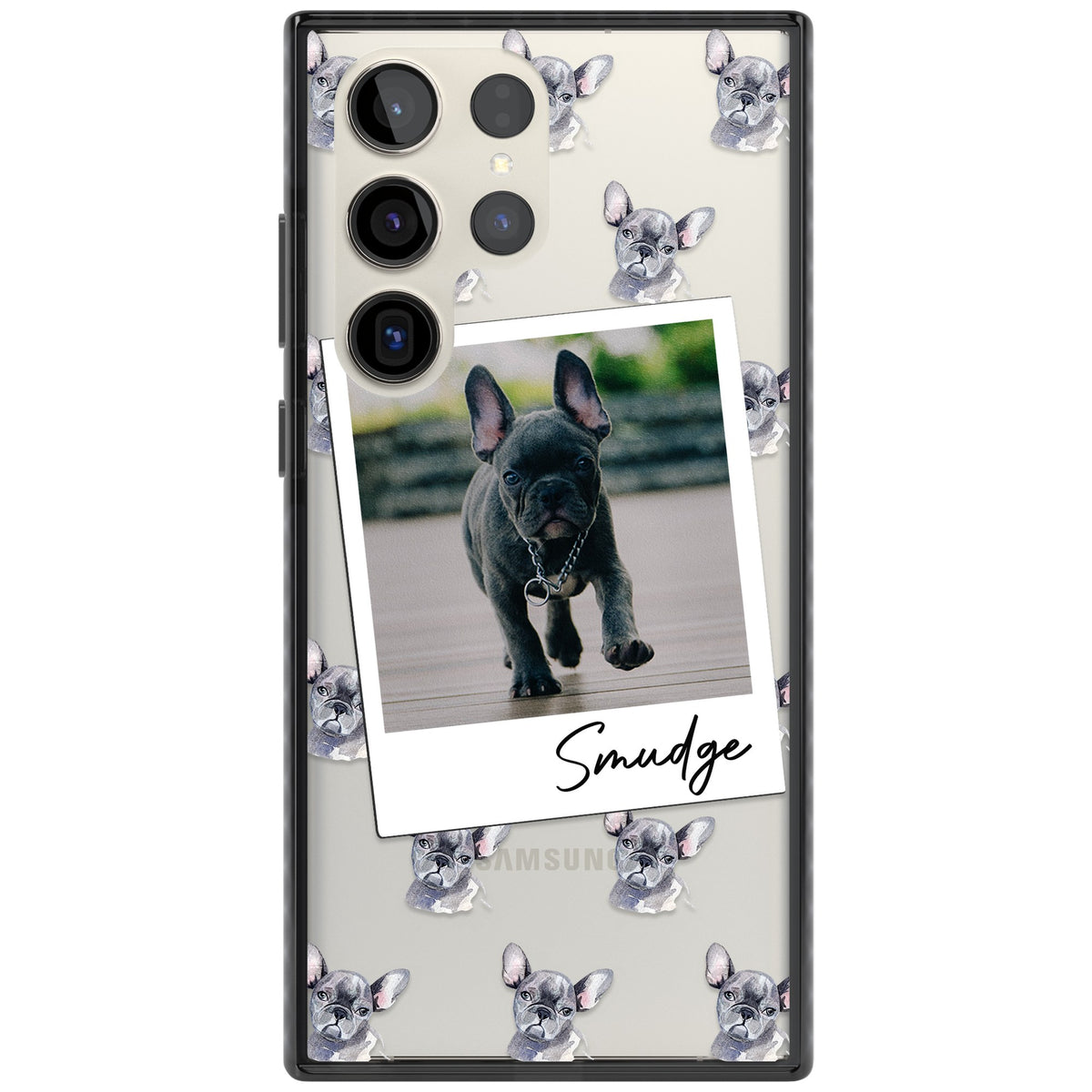 Personalised Grey French Bulldog Instant Camera Photo Samsung S22 Ultra / Samsung S23 Ultra / Samsung S24 Ultra Impact Black Phone Case front