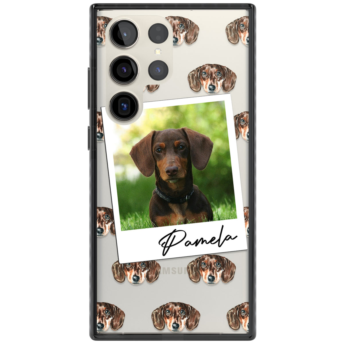 Personalised Brown Dachshund Instant Camera Photo Samsung S22 Ultra / Samsung S23 Ultra / Samsung S24 Ultra Impact Black Phone Case front