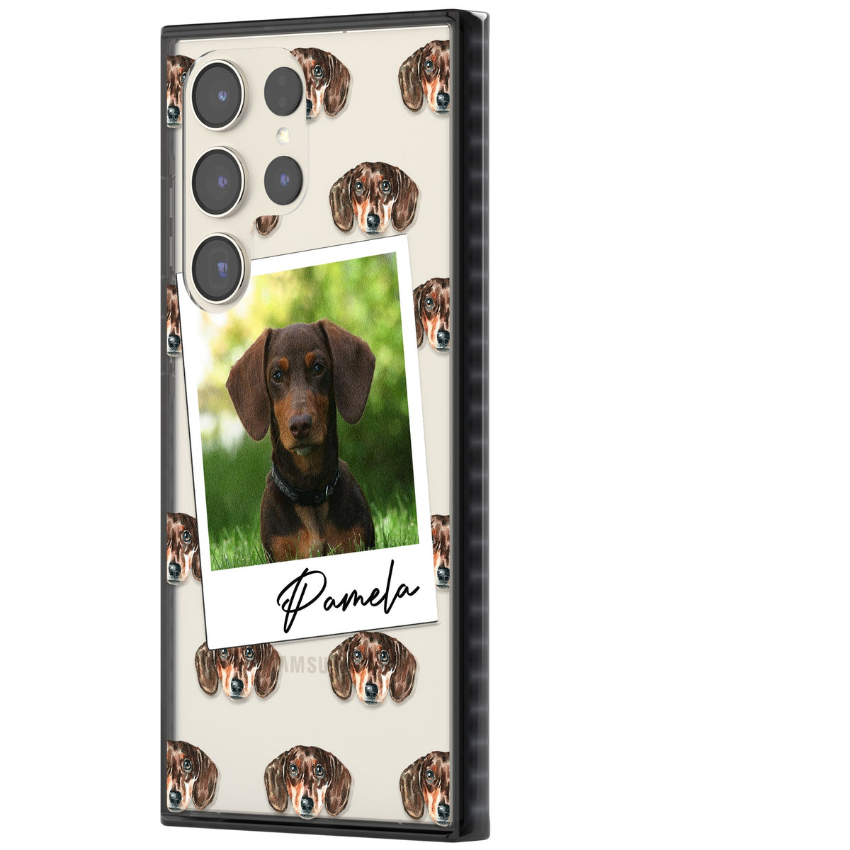 Personalised Brown Dachshund Instant Camera Photo Samsung S22 Ultra / Samsung S23 Ultra / Samsung S24 Ultra Impact Black Phone Case side