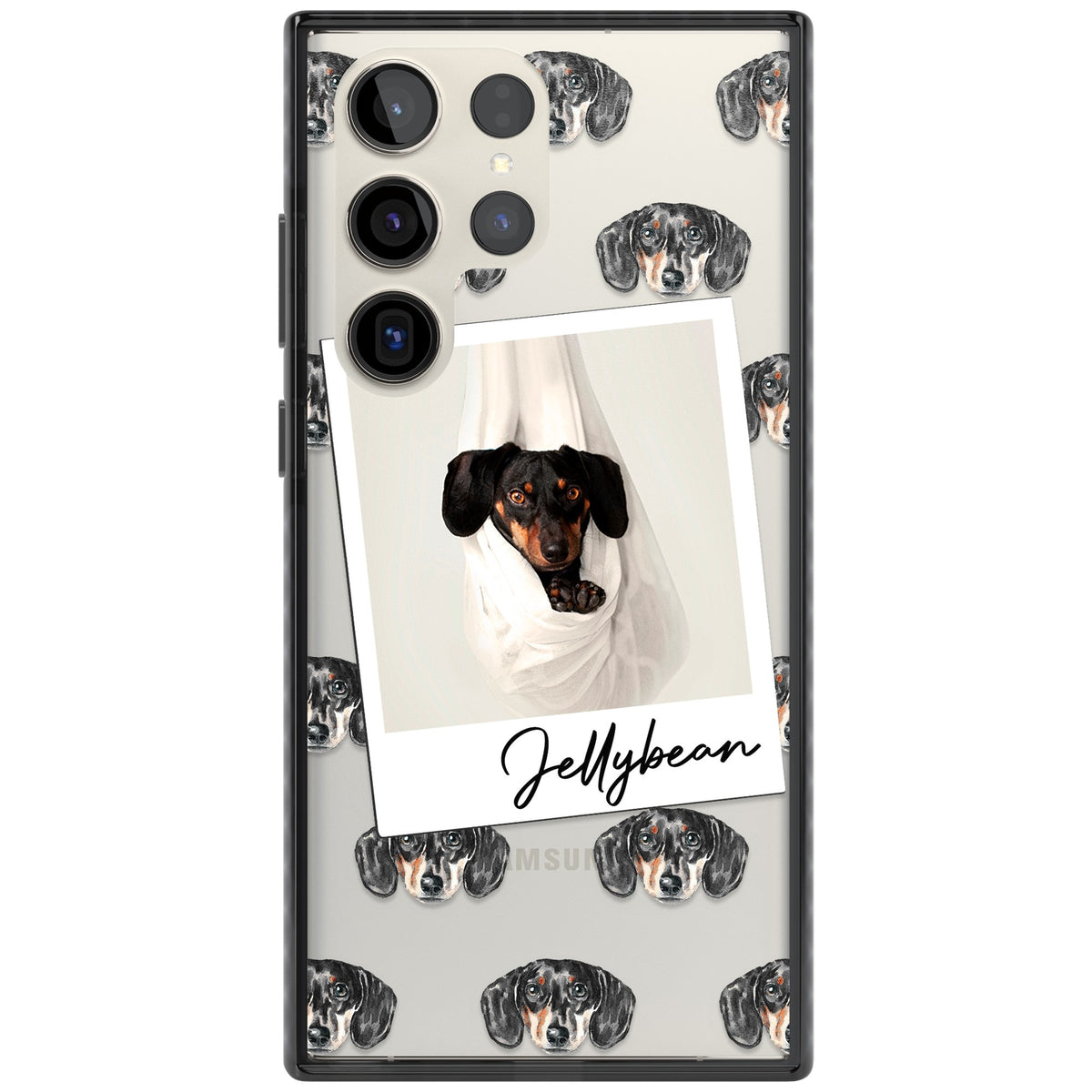 Personalised Black Dachshund Instant Camera Photo Samsung S22 Ultra / Samsung S23 Ultra / Samsung S24 Ultra Impact Black Phone Case front
