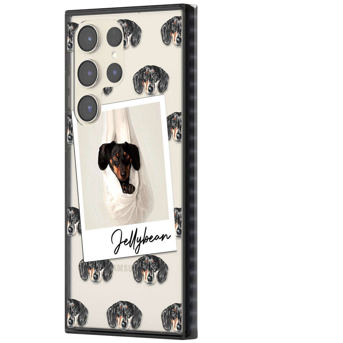 Personalised Black Dachshund Instant Camera Photo Samsung S22 Ultra / Samsung S23 Ultra / Samsung S24 Ultra Impact Black Phone Case side
