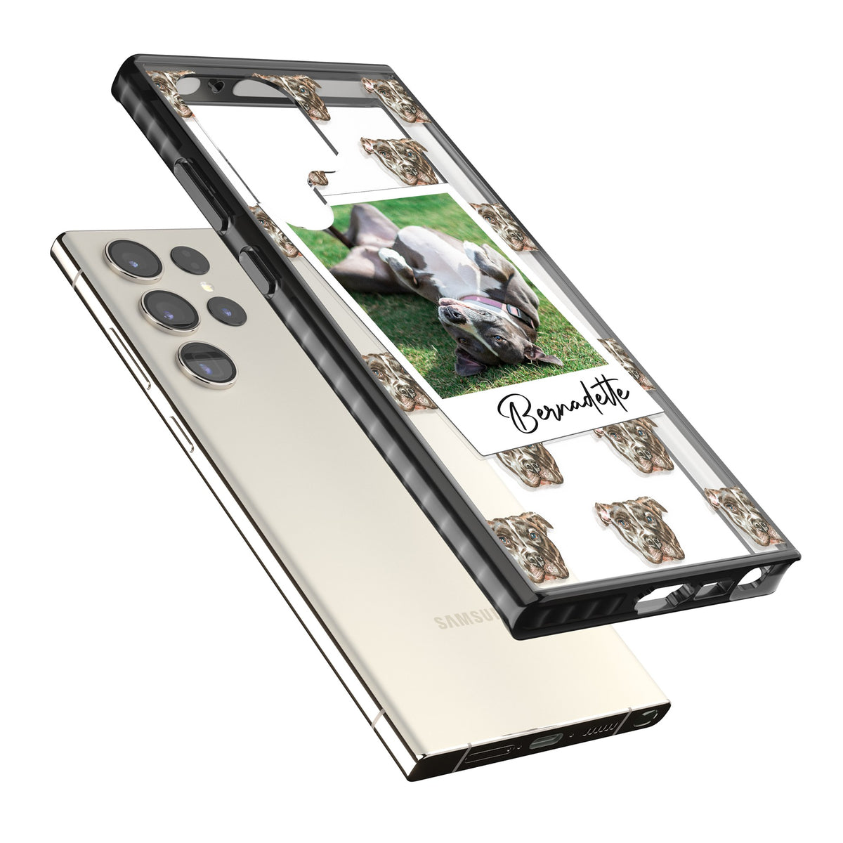 Personalised Staffordshire Bull Terrier Instant Camera Photo Samsung S22 Ultra / Samsung S23 Ultra / Samsung S24 Ultra Impact Black Phone Case angled