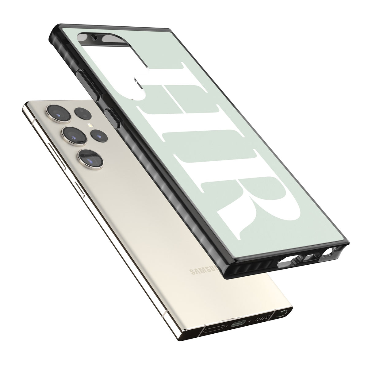 Personalised White & Seafoam Letters Samsung S22 Ultra / Samsung S23 Ultra / Samsung S24 Ultra Impact Black Phone Case angled