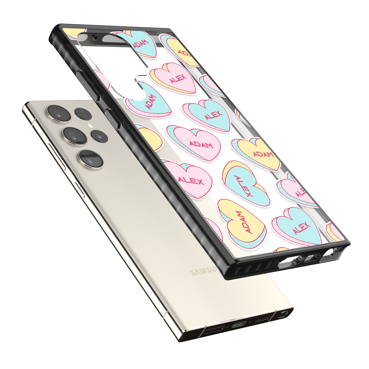 Personalised Love Heart Sweets Samsung S22 Ultra / Samsung S23 Ultra / Samsung S24 Ultra Impact Black Phone Case angled