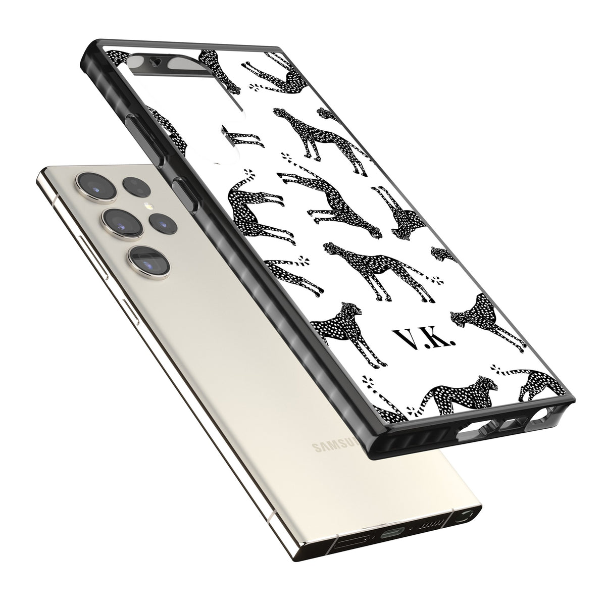 Personalised Monochrome Cheetahs Samsung S22 Ultra / Samsung S23 Ultra / Samsung S24 Ultra Impact Black Phone Case angled