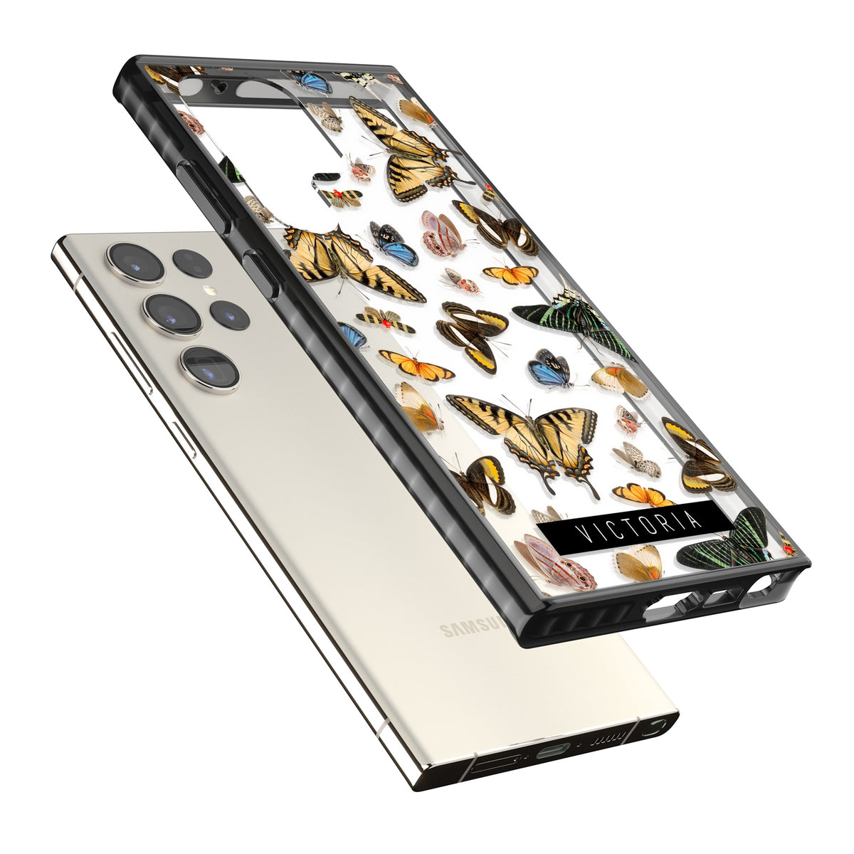 Personalised Butterfly Archive Samsung S22 Ultra / Samsung S23 Ultra / Samsung S24 Ultra Impact Black Phone Case angled