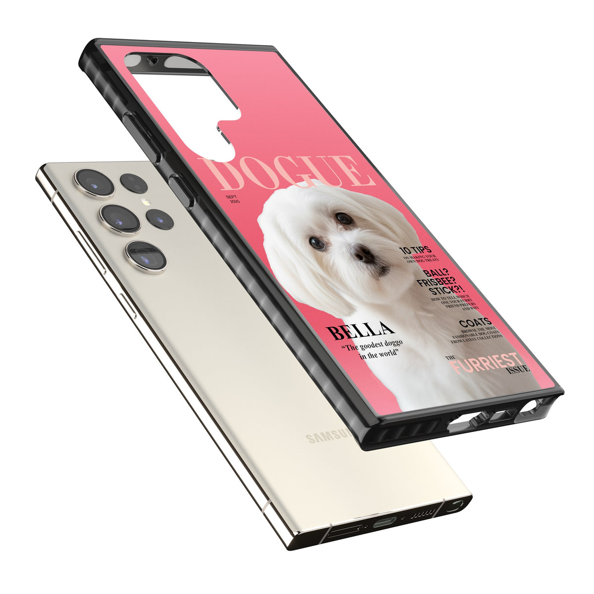 Personalised Dogue Magazine Samsung S22 Ultra / Samsung S23 Ultra / Samsung S24 Ultra Impact Black Phone Case angled
