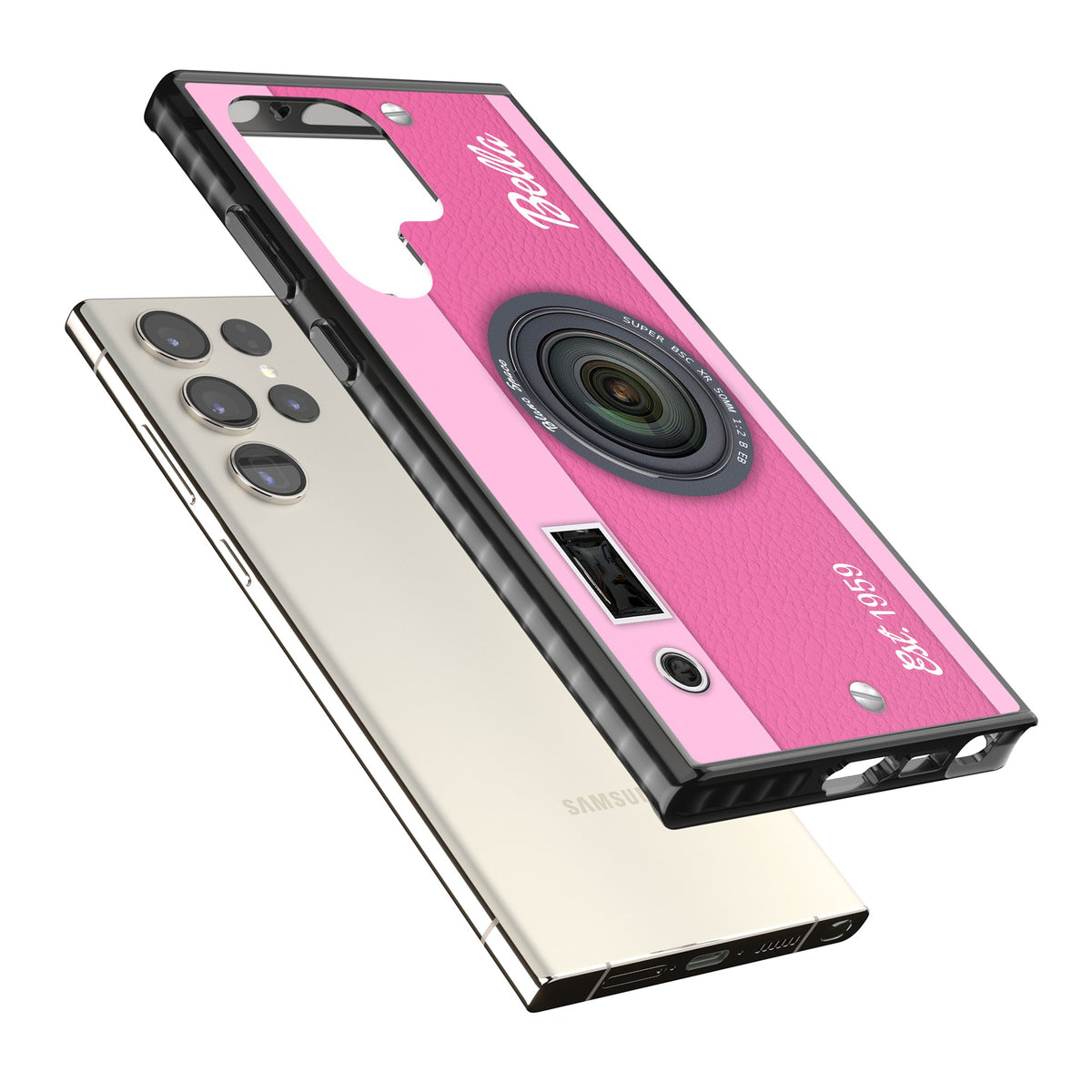 Personalised Pink Dream Camera Samsung S22 Ultra / Samsung S23 Ultra / Samsung S24 Ultra Impact Black Phone Case angled