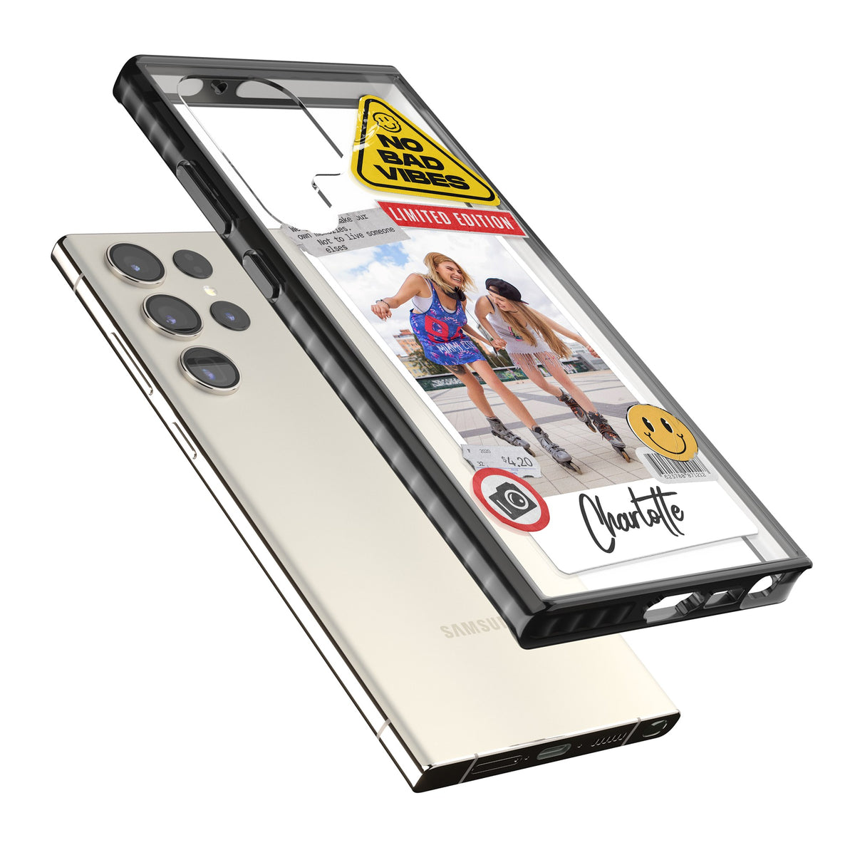 Personalised Sticker Mix Instant Photo Samsung S22 Ultra / Samsung S23 Ultra / Samsung S24 Ultra Impact Black Phone Case angled
