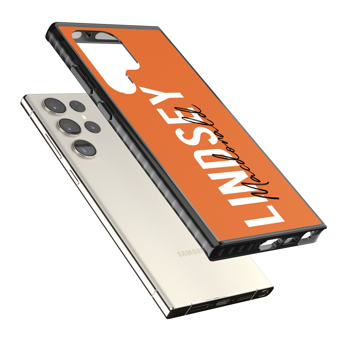 Personalised Bold Name: Orange Samsung S22 Ultra / Samsung S23 Ultra / Samsung S24 Ultra Impact Black Phone Case angled