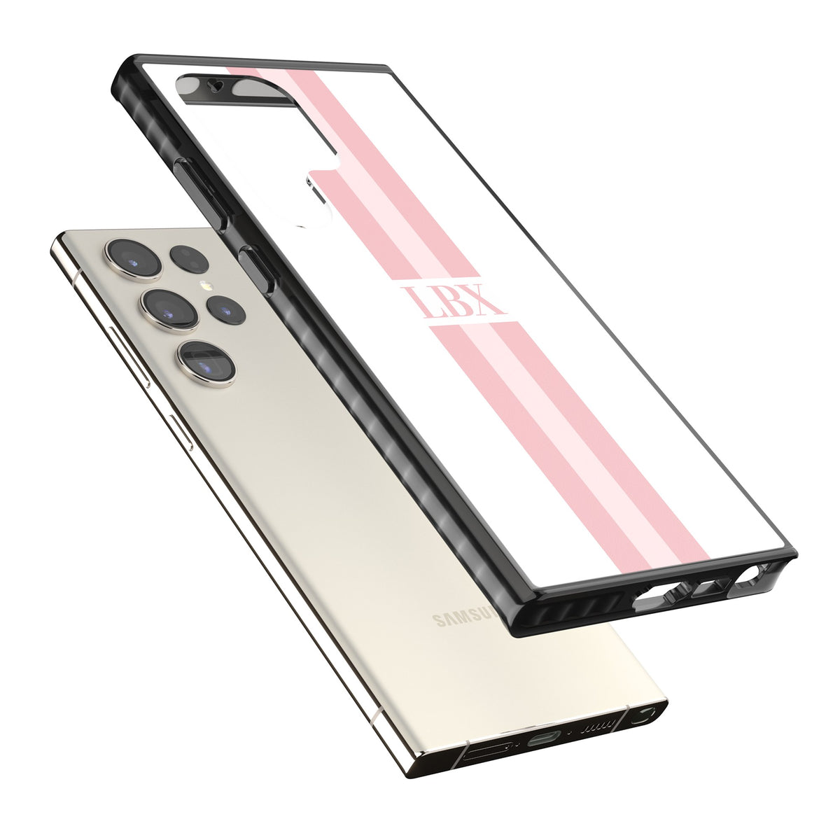 Personalised Minimal Pink Stripe Samsung S22 Ultra / Samsung S23 Ultra / Samsung S24 Ultra Impact Black Phone Case angled