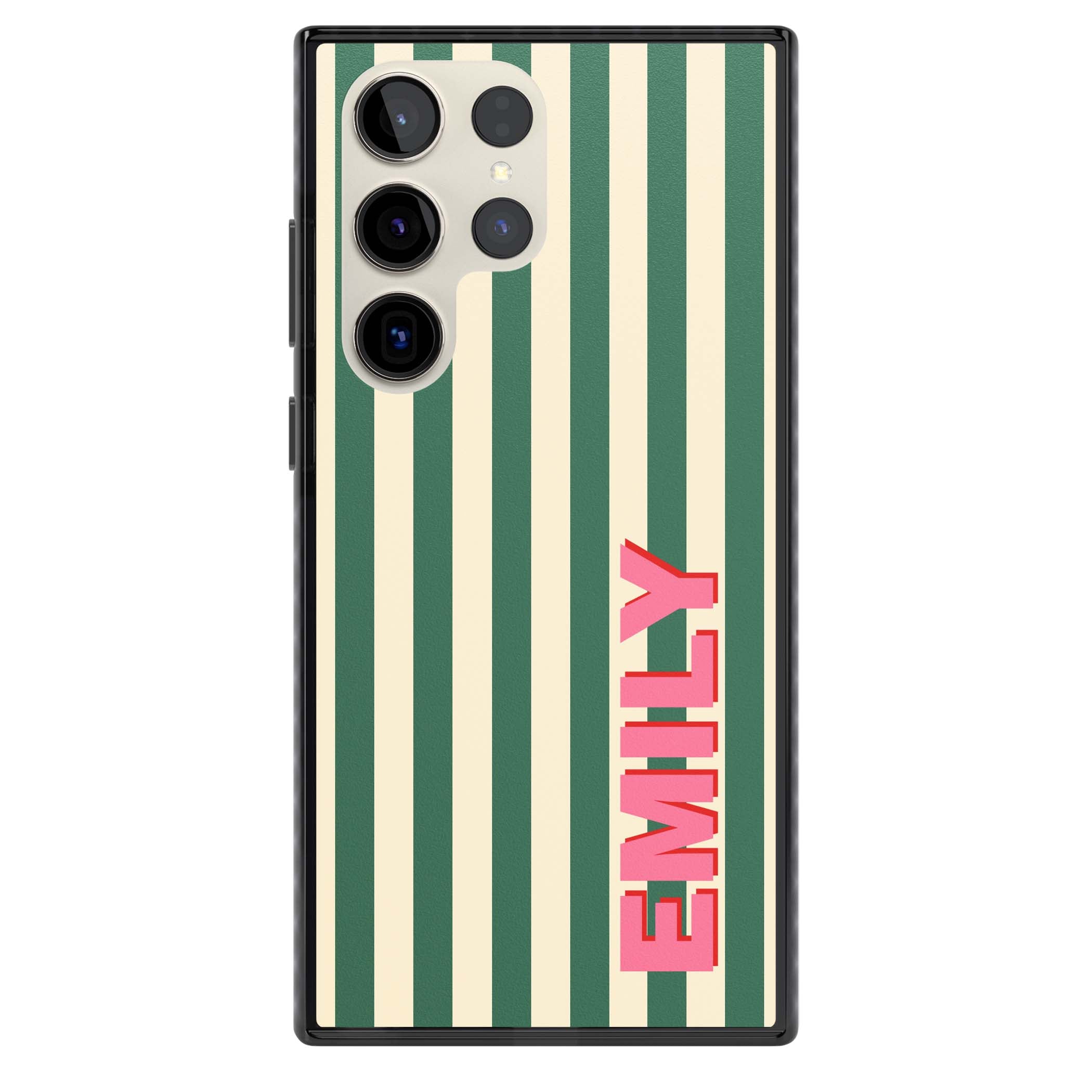 Wimbledon Stripe preppy iPhone case featuring green and cream vertical stripes with a personalised pink name | Black Impact case for Samsung Galaxy S24 Ultra, Samsung Galaxy S23 Ultra, Samsung Galaxy S22 Ultra