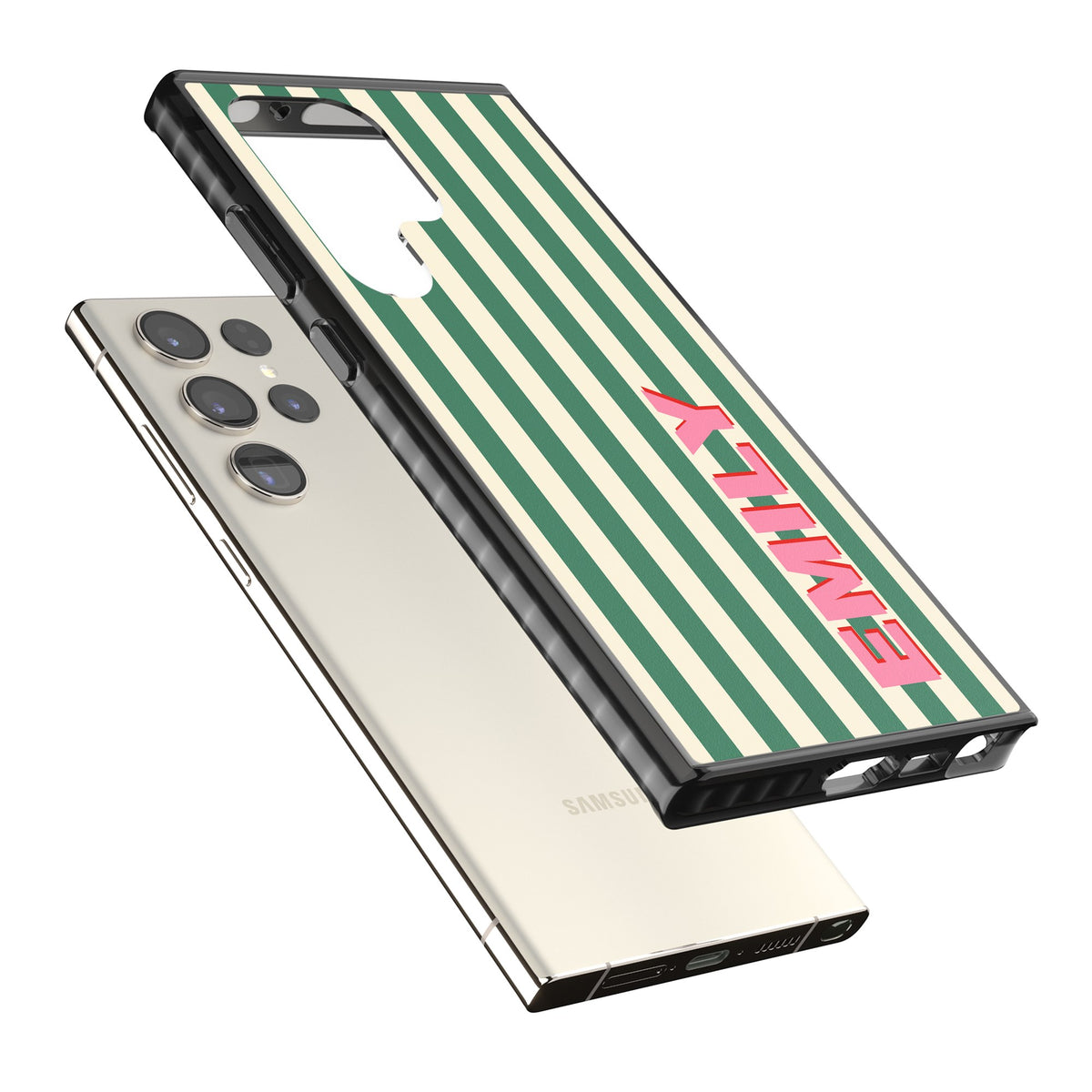 Personalised Wimbledon Stripe Samsung S22 Ultra / Samsung S23 Ultra / Samsung S24 Ultra Impact Black Phone Case angled