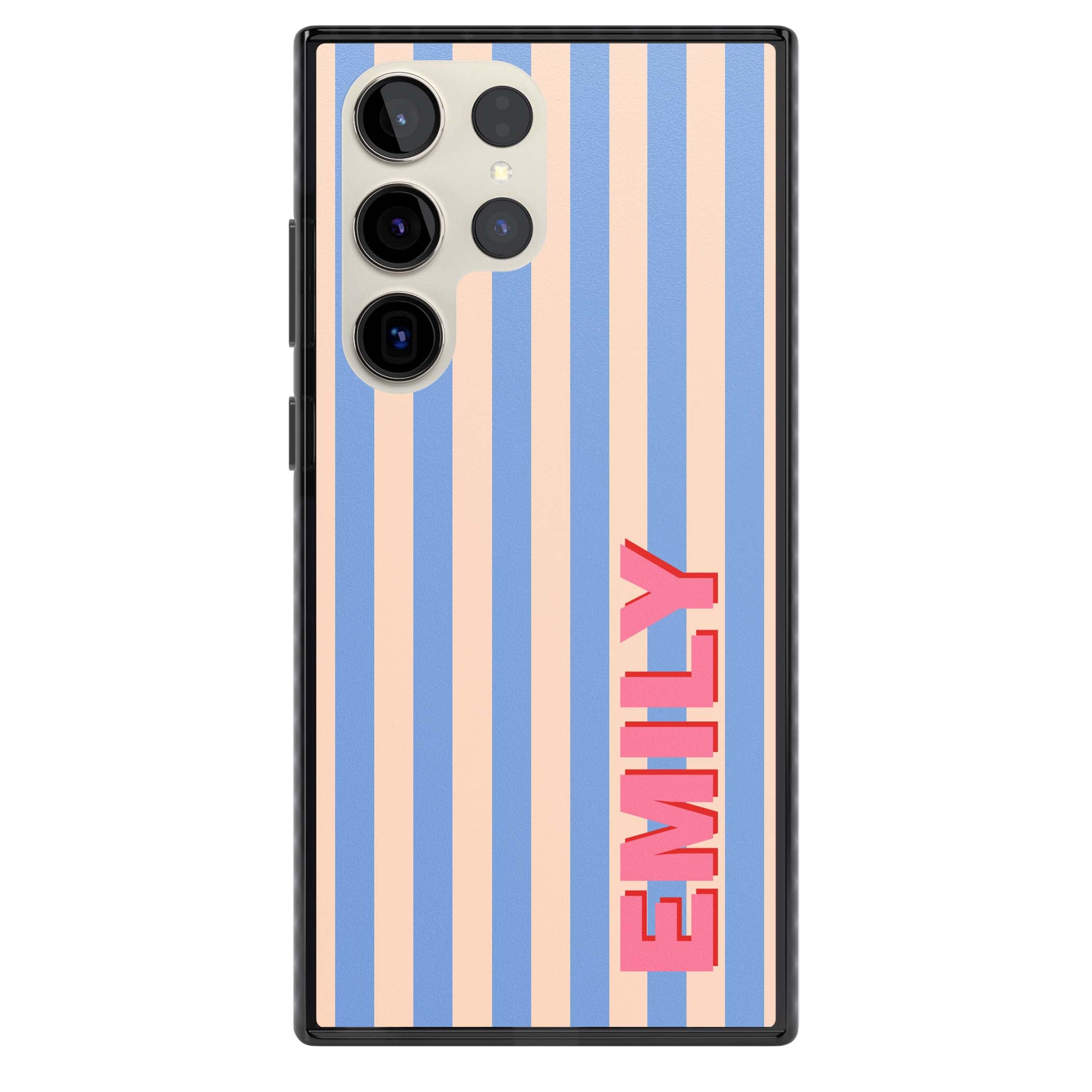 Coastal Stripe personalised coastal iPhone case with blue and peach vertical stripes and custom pink name | Black Impact case for Samsung Galaxy S24 Ultra, Samsung Galaxy S23 Ultra, Samsung Galaxy S22 Ultra