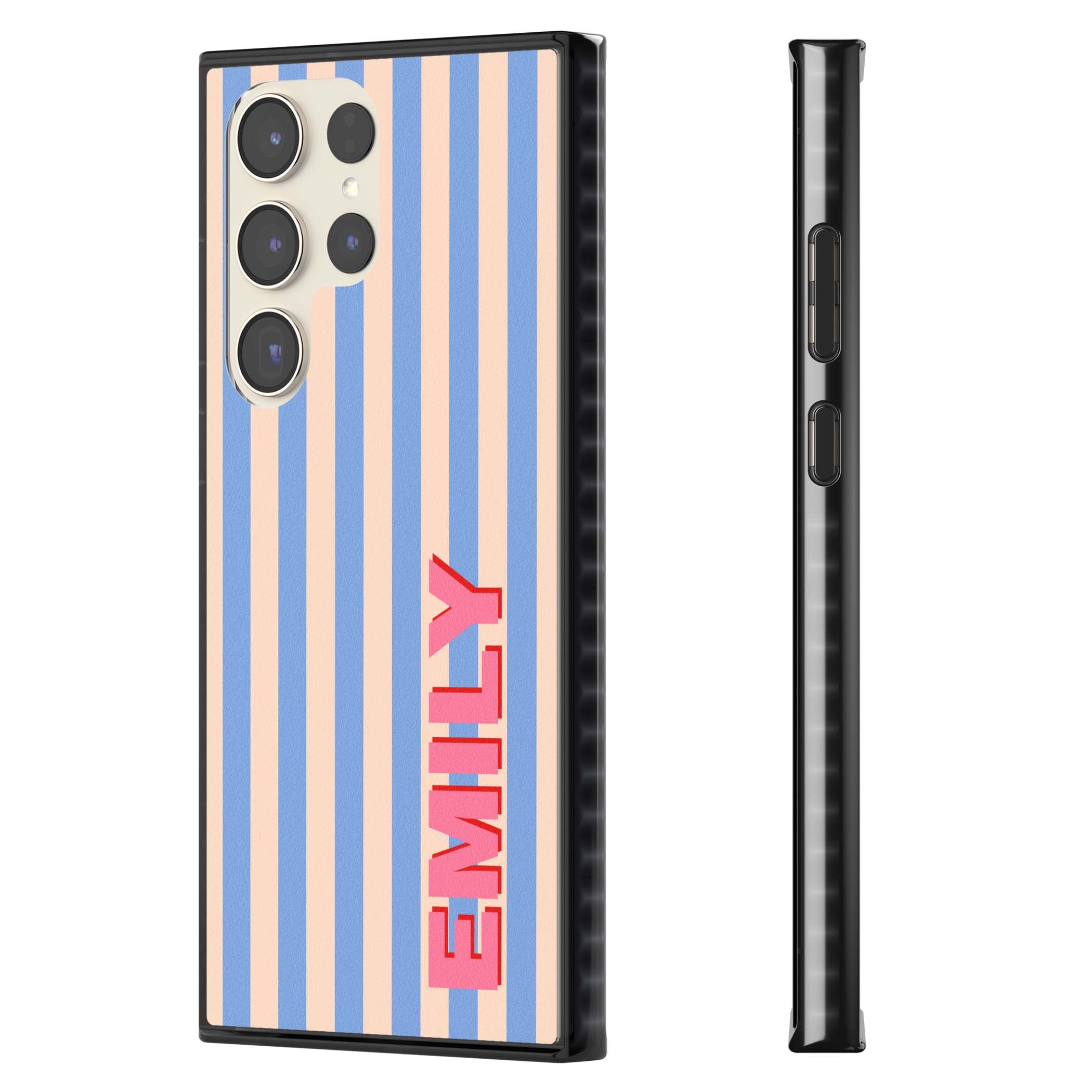 Coastal Stripe personalised coastal iPhone case with blue and peach vertical stripes and custom pink name | Black Impact case for Samsung Galaxy S24 Ultra, Samsung Galaxy S23 Ultra, Samsung Galaxy S22 Ultra