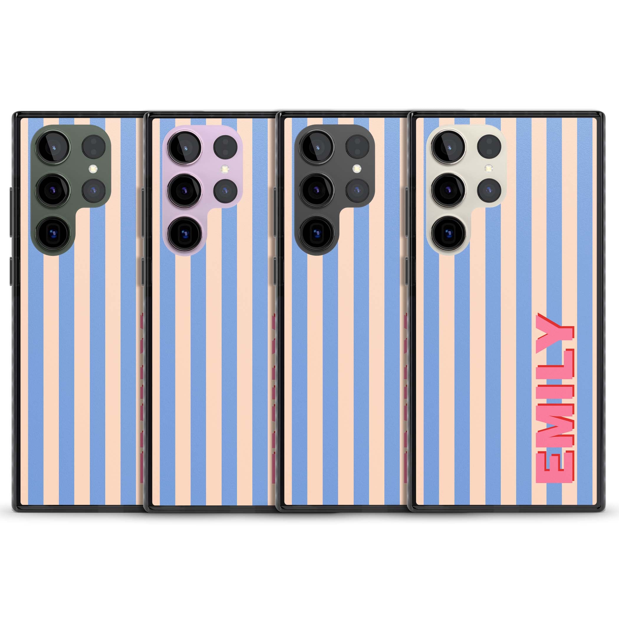 Coastal Stripe personalised coastal iPhone case with blue and peach vertical stripes and custom pink name | Black Impact case for Samsung Galaxy S24 Ultra, Samsung Galaxy S23 Ultra, Samsung Galaxy S22 Ultra