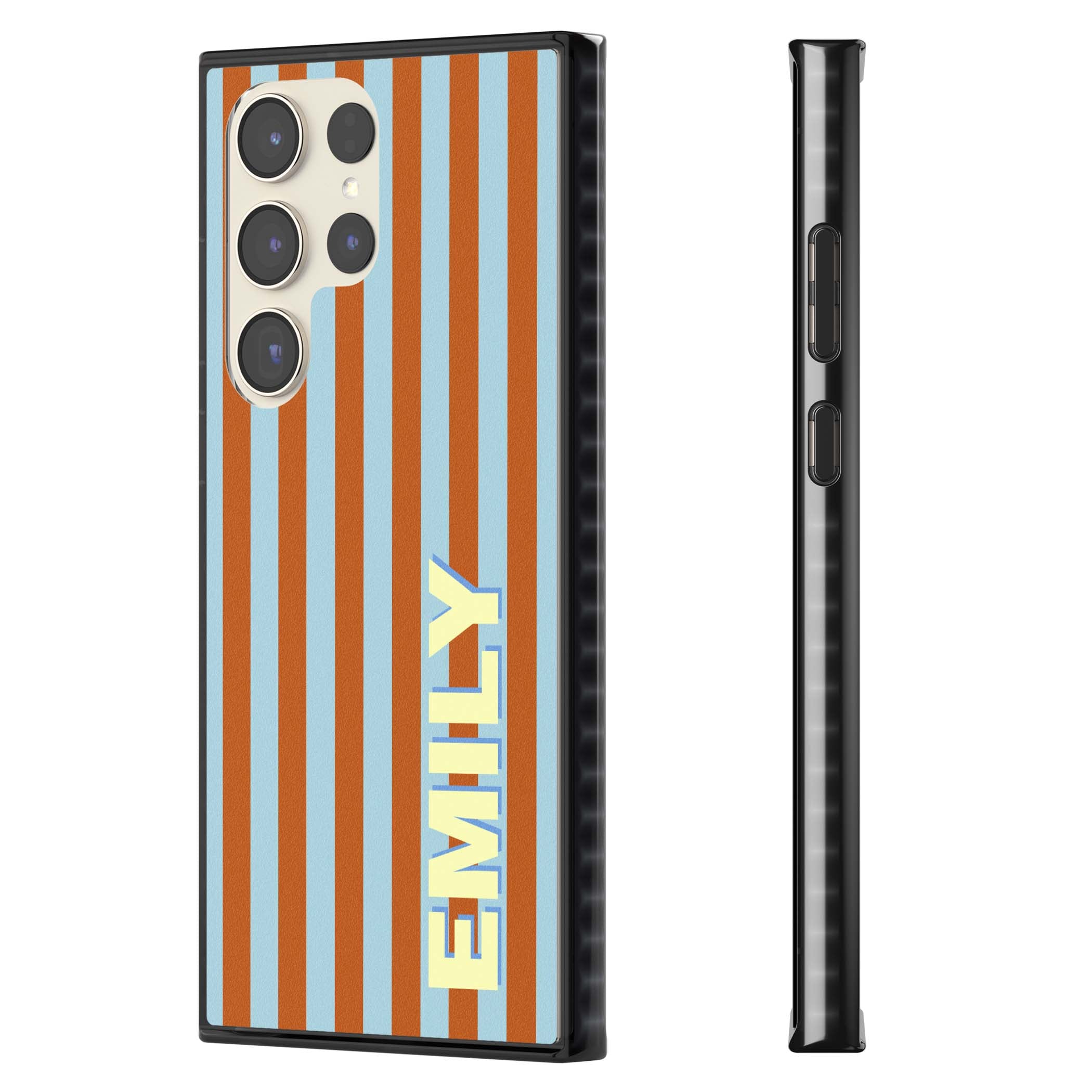 Cappadocia Stripe personalised coastal iPhone case featuring blue and orange vertical stripes with custom cream name | Black Impact case for Samsung Galaxy S24 Ultra, Samsung Galaxy S23 Ultra, Samsung Galaxy S22 Ultra